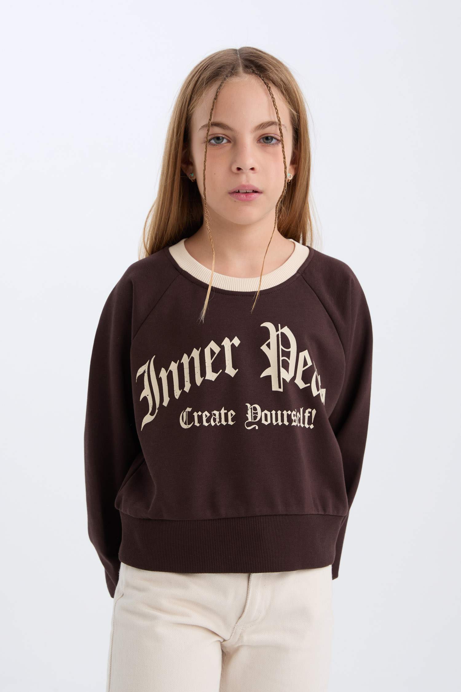 Sweatshirt à col rond avec imprimé et intérieur doux Coupe Relax pour fille