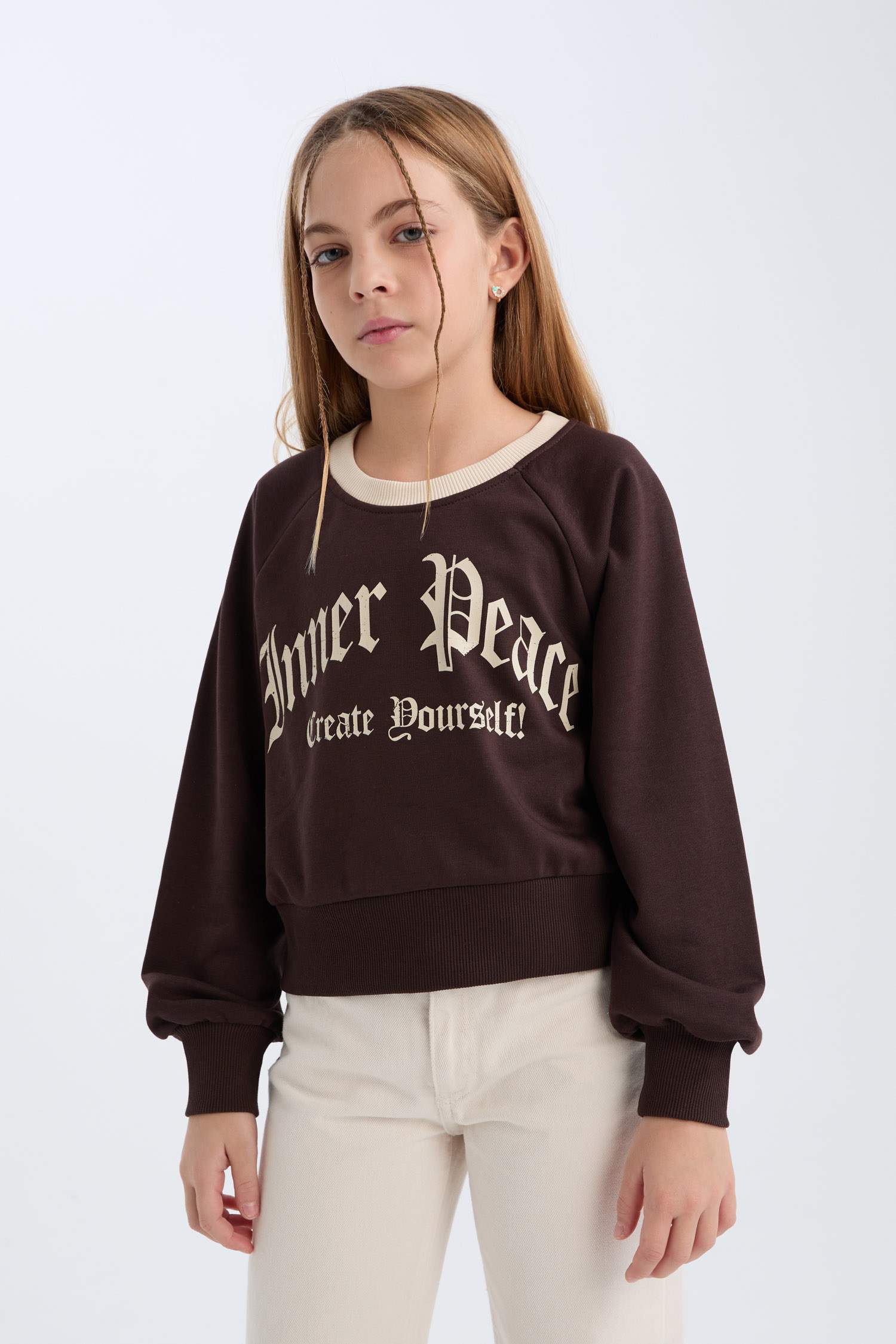 Sweatshirt à col rond avec imprimé et intérieur doux Coupe Relax pour fille