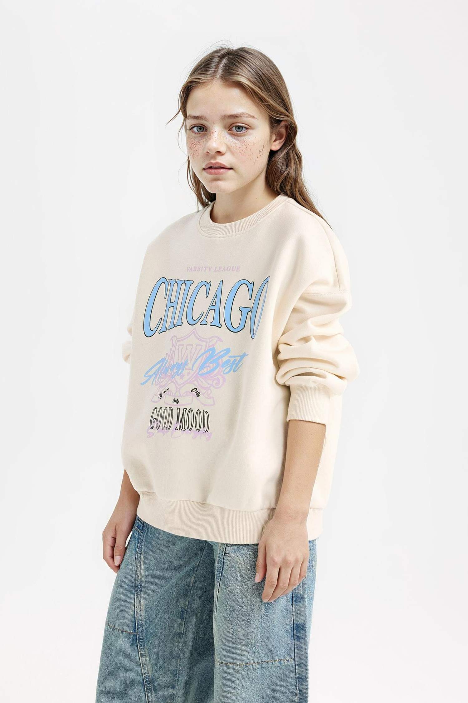 Kız Çocuk Relax Fit Bisiklet Yaka Baskılı Sweatshirt