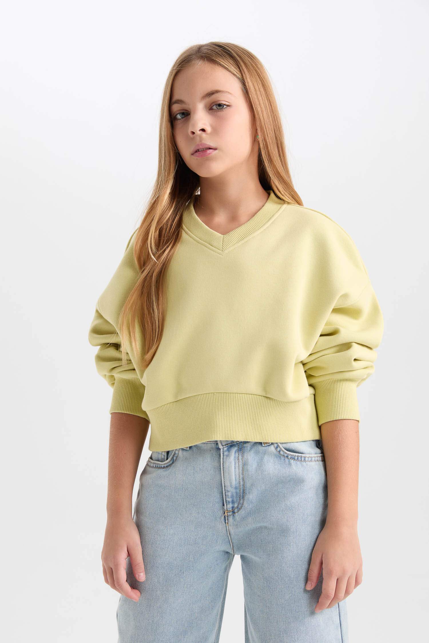 Kız Çocuk Cropped Fit V Yaka Basic Düz Sweatshirt
