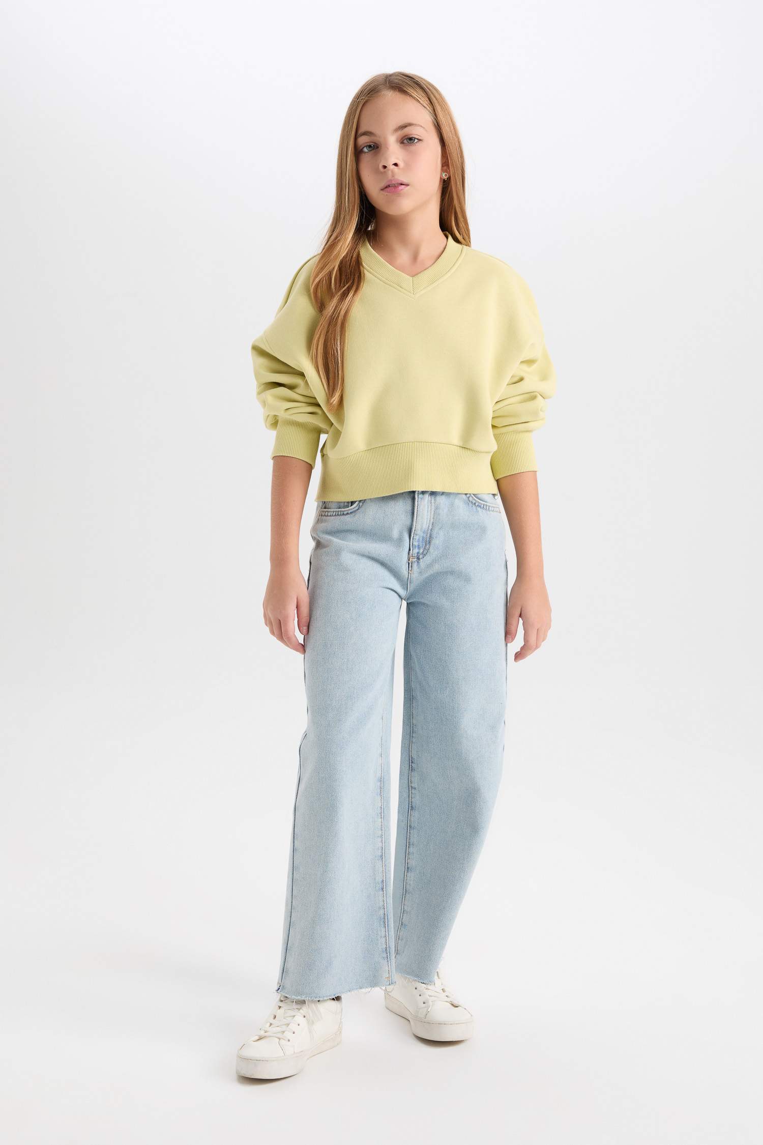 Kız Çocuk Cropped Fit V Yaka Basic Düz Sweatshirt