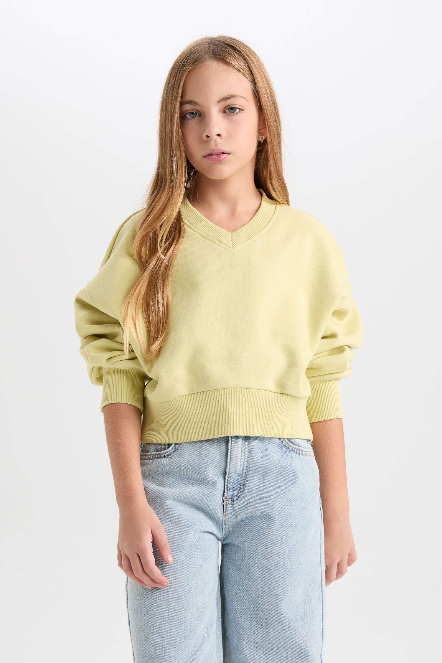 Kız Çocuk Cropped Fit V Yaka Basic Düz Sweatshirt