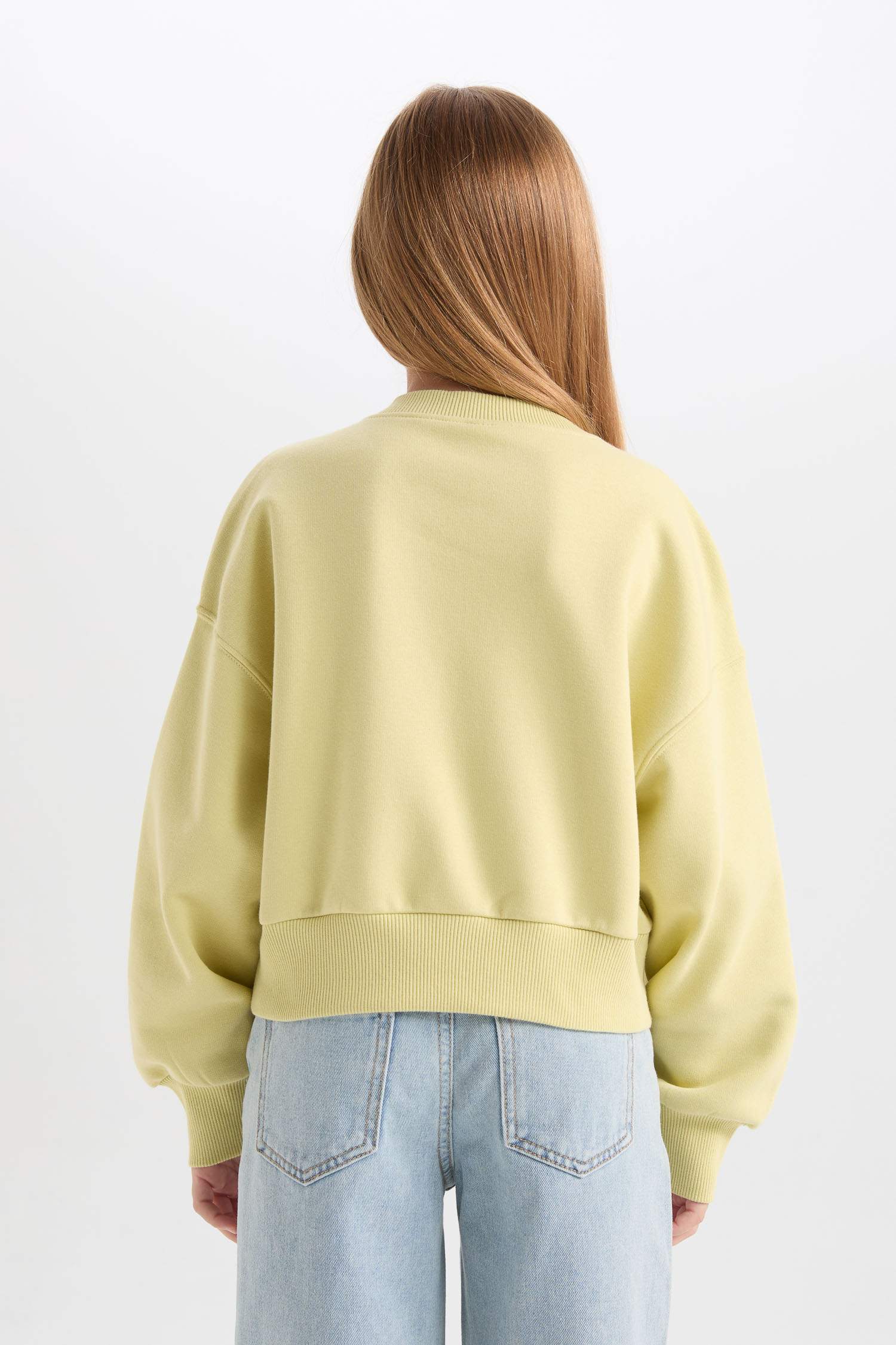 Kız Çocuk Cropped Fit V Yaka Basic Düz Sweatshirt