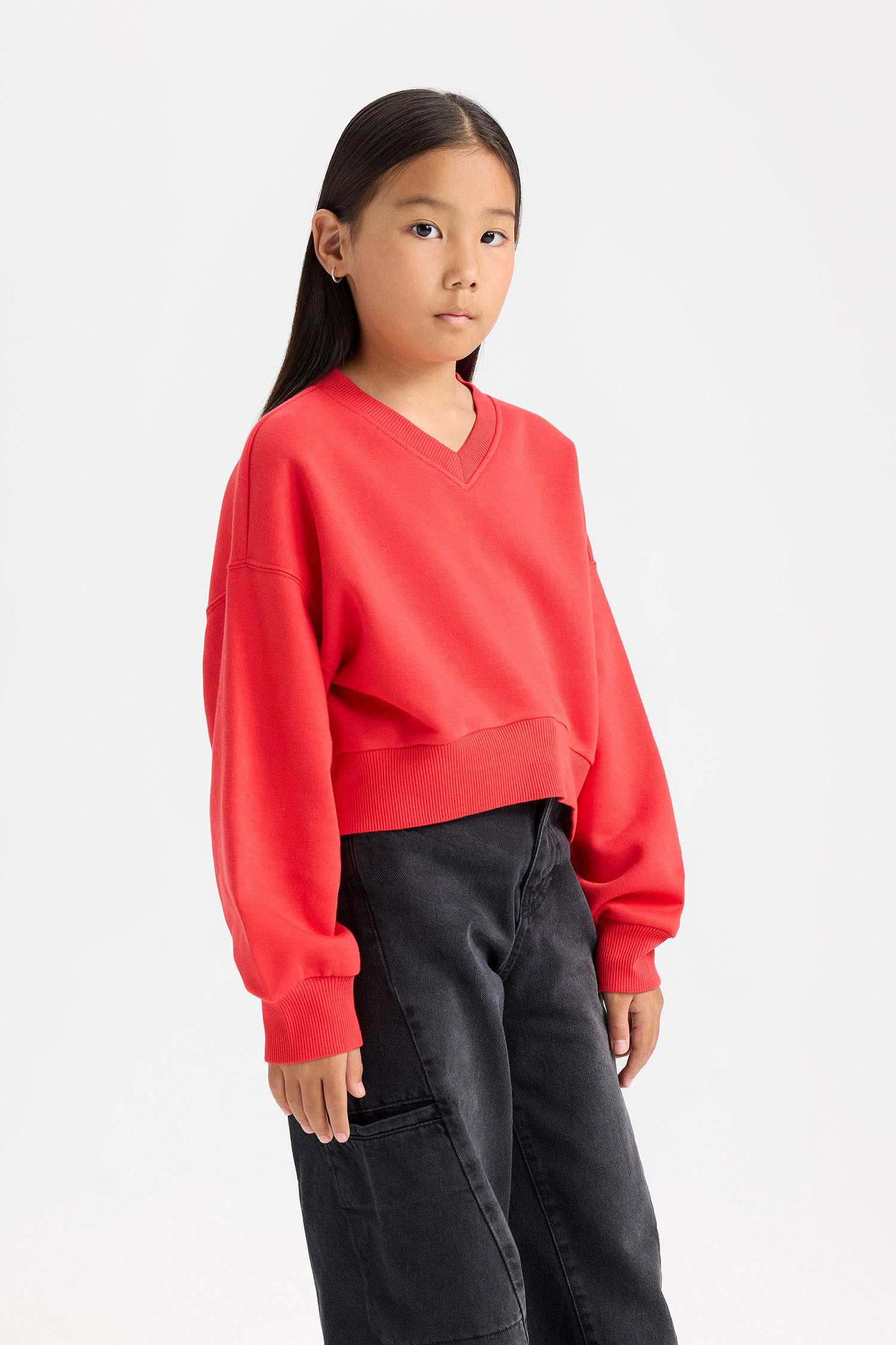 Girl V Neck Basic Crop Sweatshirt
