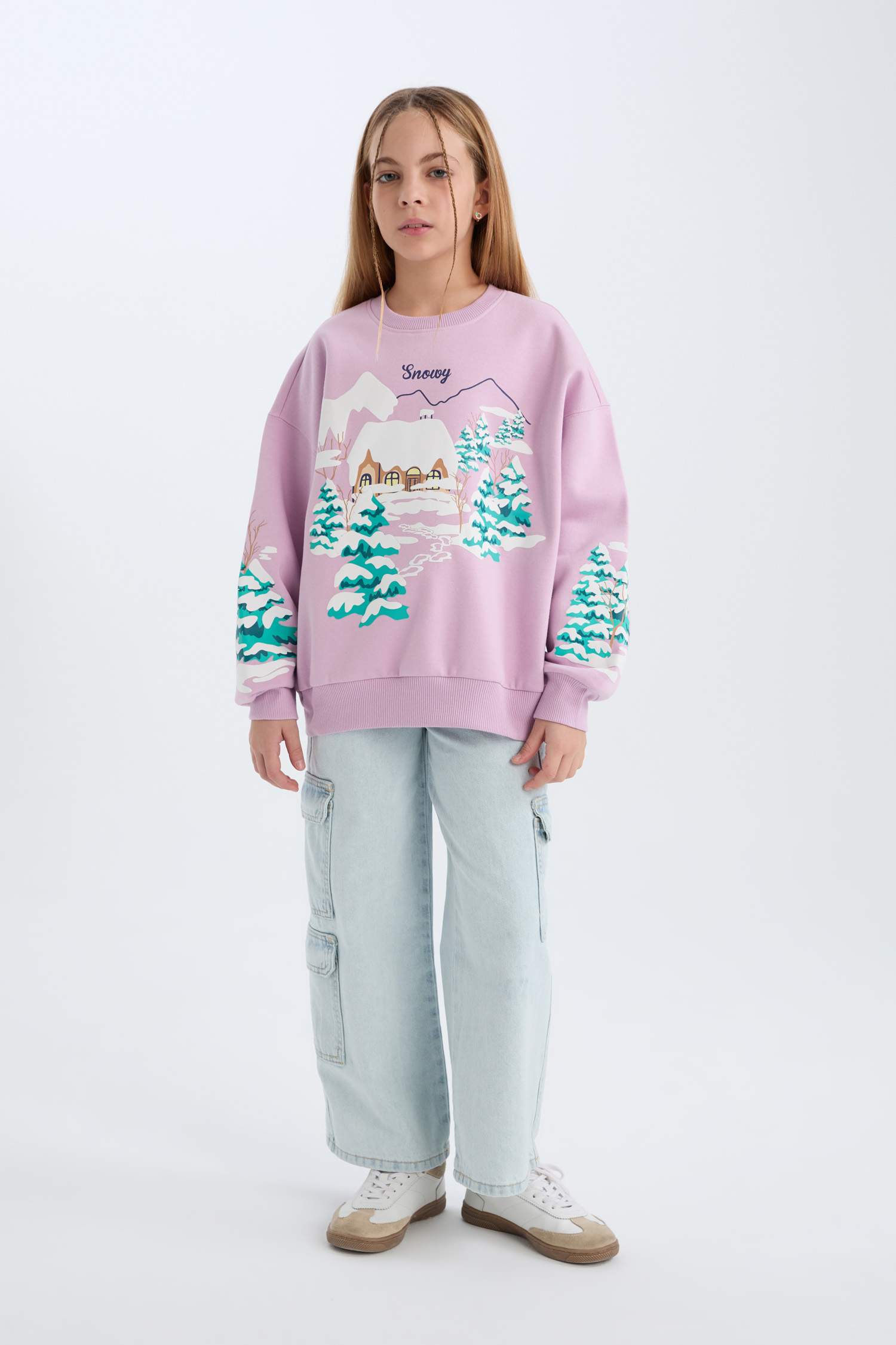 سويت شيرت بنات اوفر سايز مطبوع برقبة مستديرة