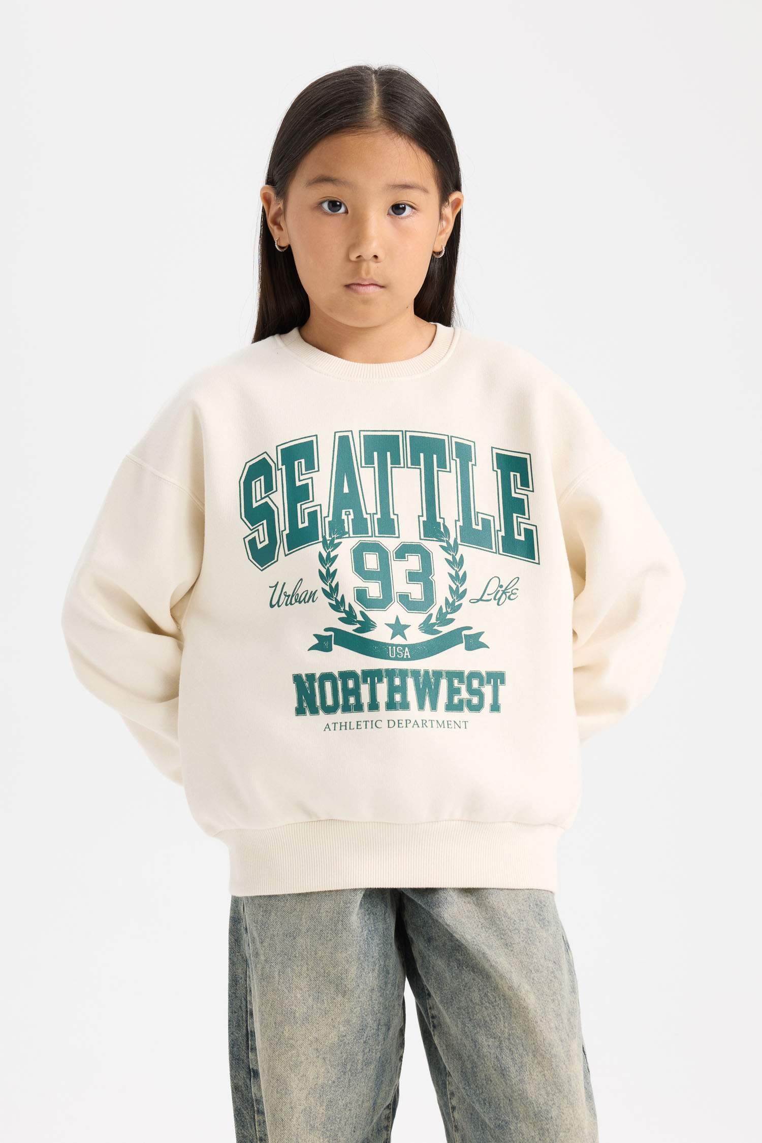 Kız Çocuk Relax Fit Bisiklet Yaka Baskılı Sweatshirt