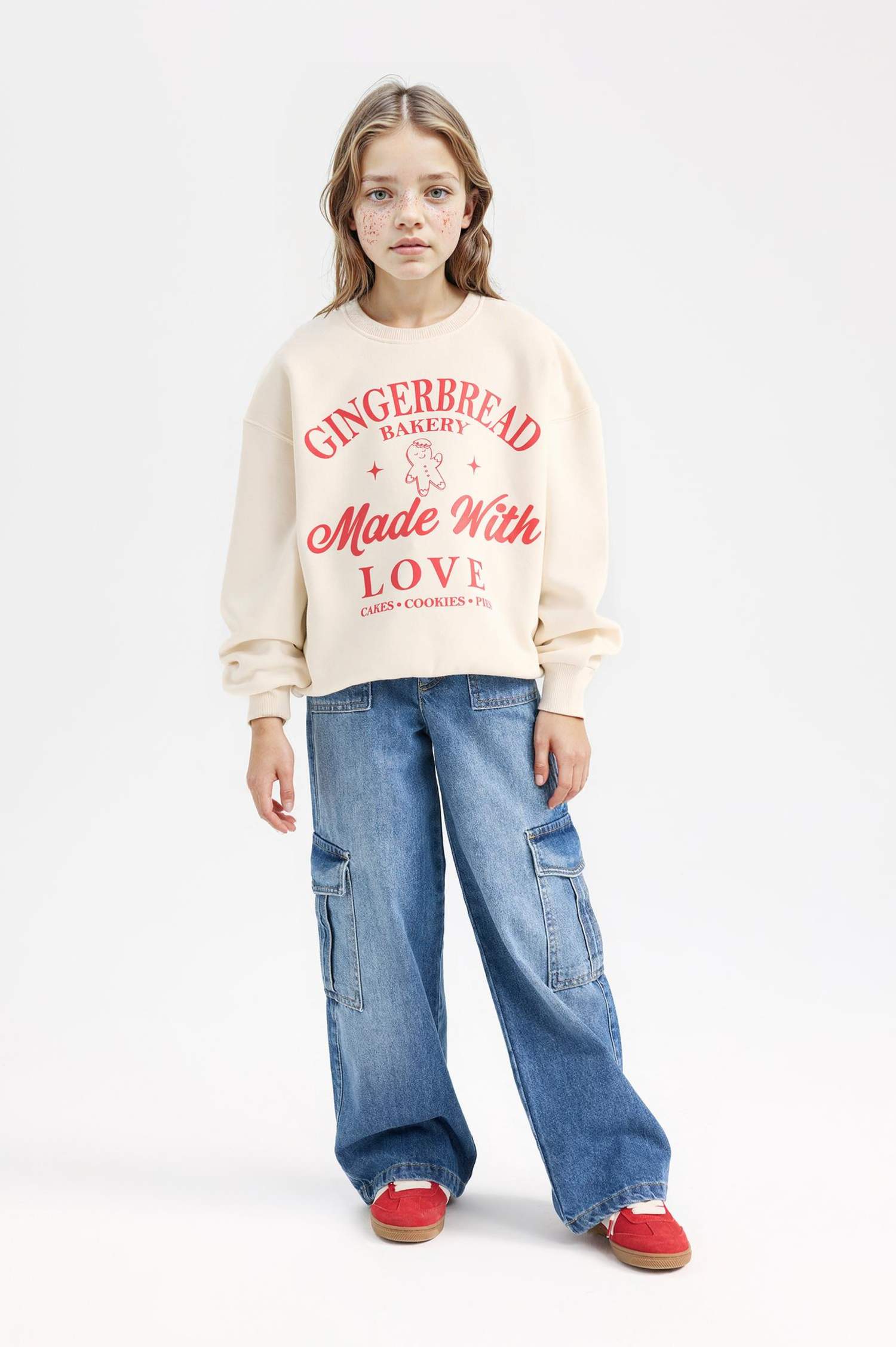 Kız Çocuk Relax Fit Bisiklet Yaka Baskılı Sweatshirt