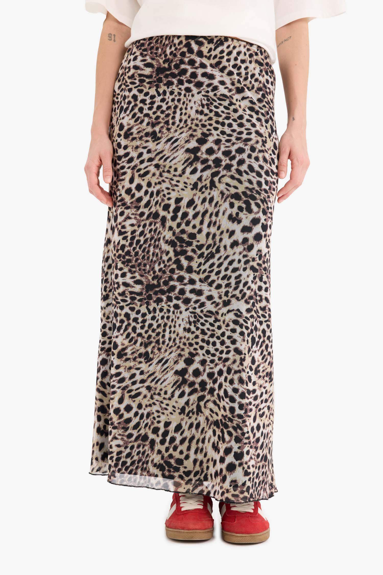 A Cut Patterned High Waist Cotton Lining Tulle Maxi Skirt
