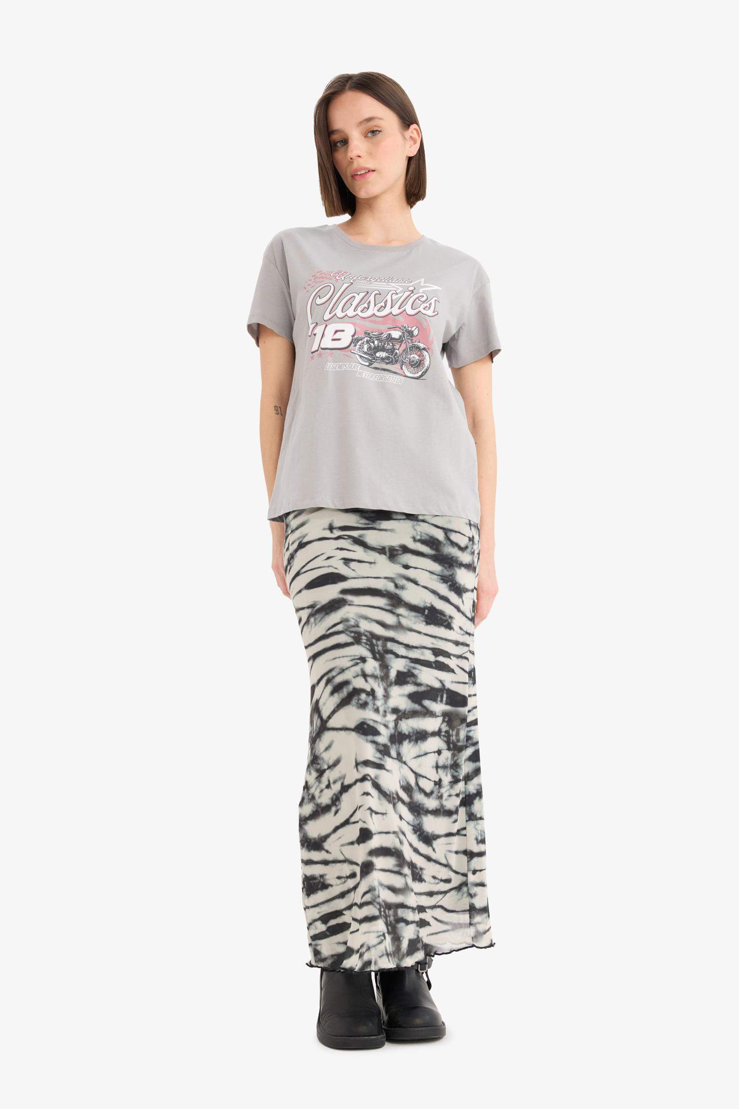 Coool A Kesim Desenli Yüksek Bel Penye Astar Tül Maxi Etek