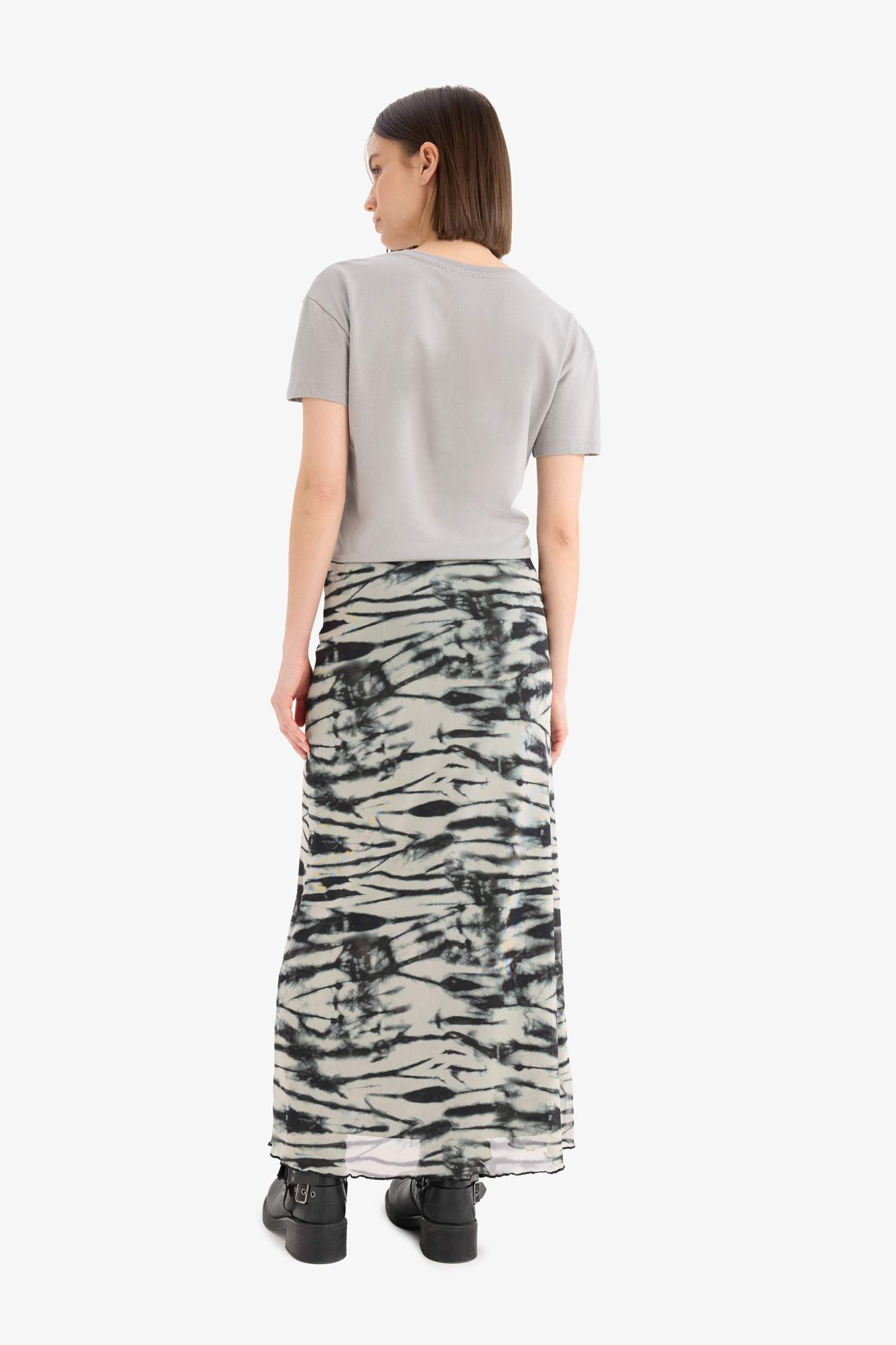 Coool A Kesim Desenli Yüksek Bel Penye Astar Tül Maxi Etek