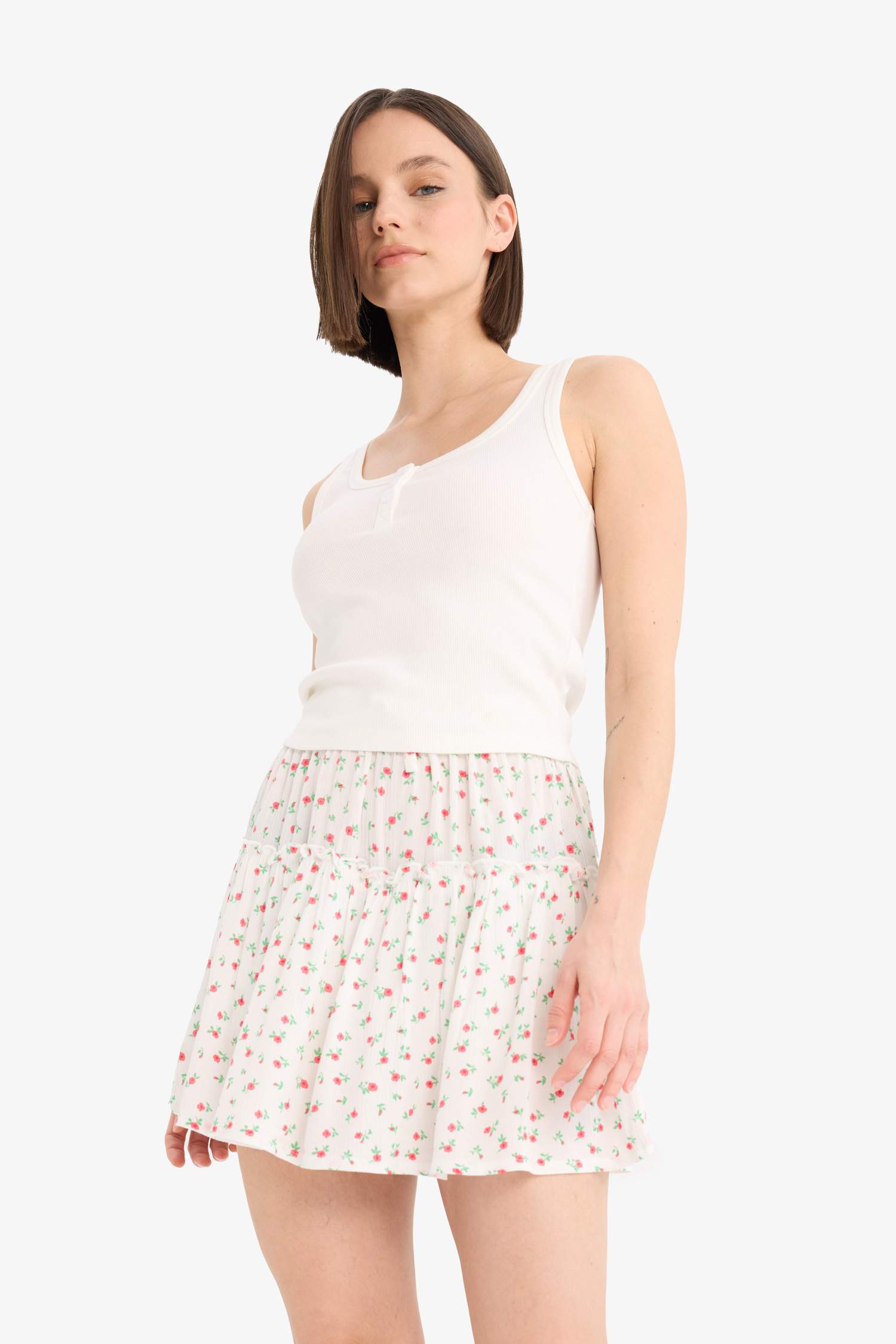 Floral Crinkle Viscose Normal Waist Mini Skirt