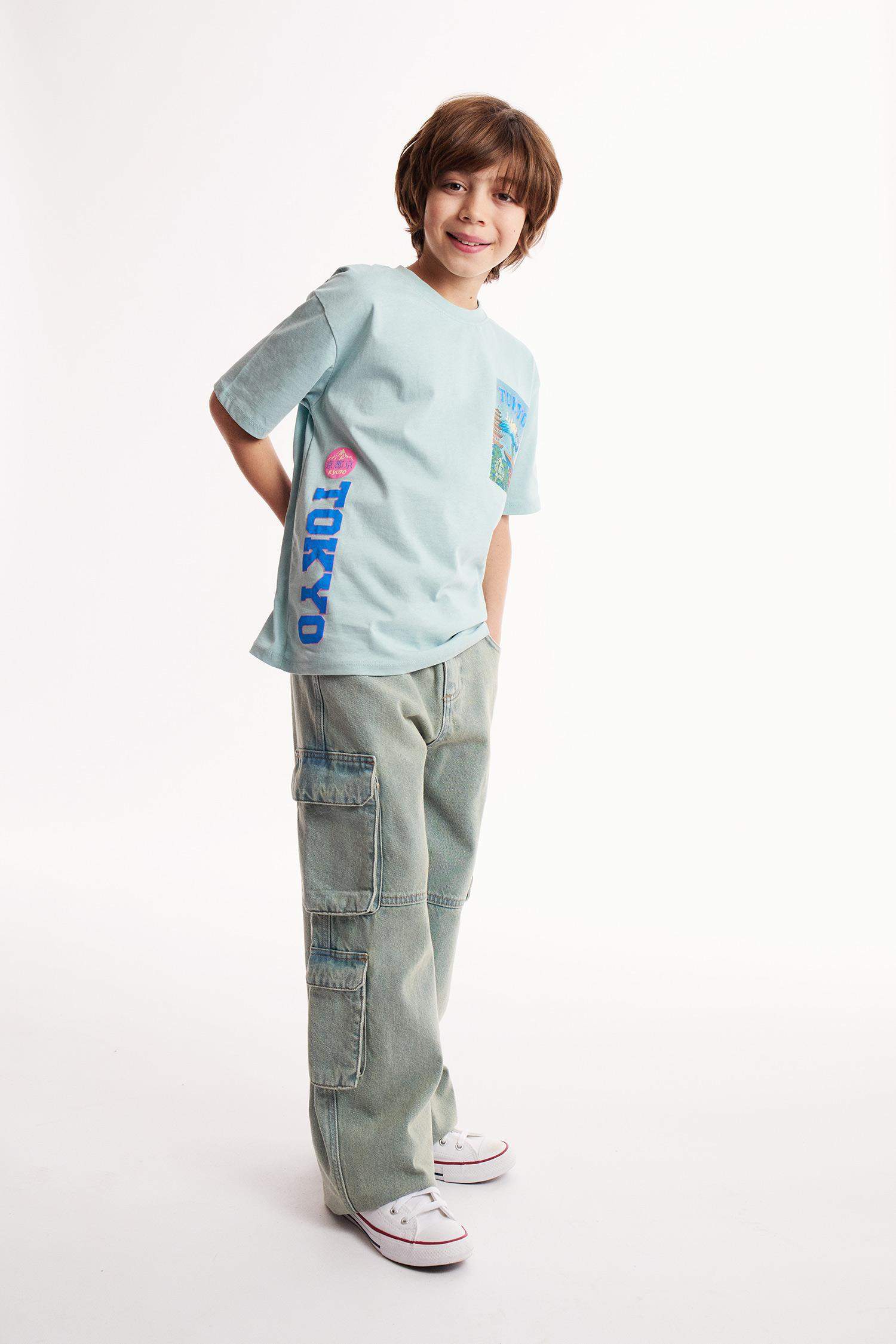 Erkek Çocuk Beli Lastikli Kargo Cepli Düz Paça Jean Pantolon