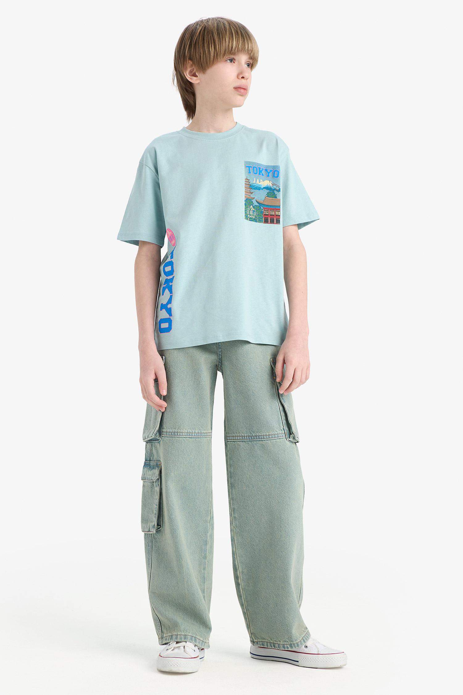 Erkek Çocuk Beli Lastikli Kargo Cepli Düz Paça Jean Pantolon