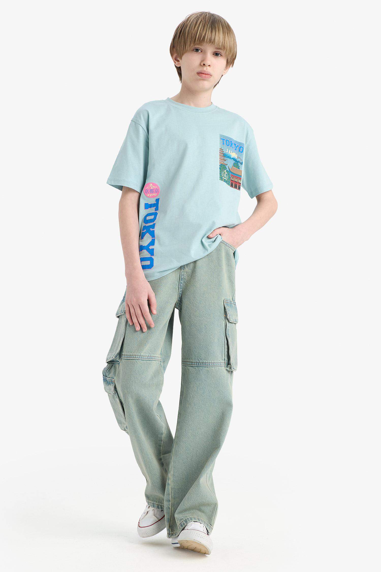 Erkek Çocuk Beli Lastikli Kargo Cepli Düz Paça Jean Pantolon