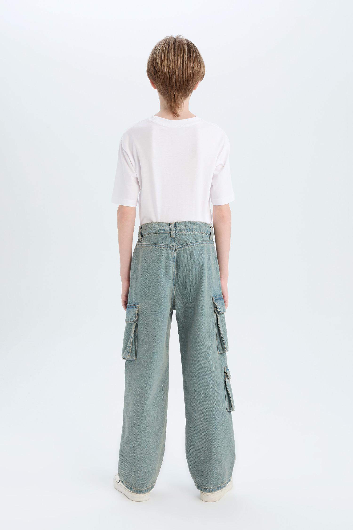 Erkek Çocuk Beli Lastikli Kargo Cepli Düz Paça Jean Pantolon