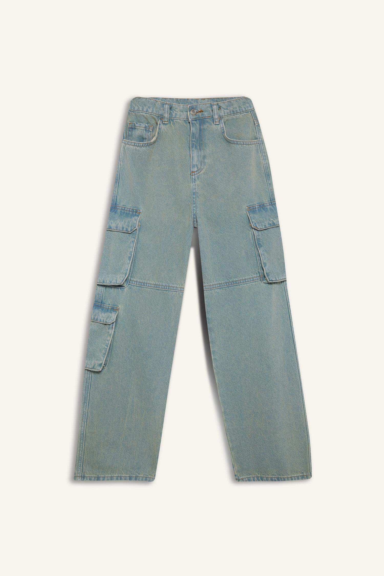 Erkek Çocuk Beli Lastikli Kargo Cepli Düz Paça Jean Pantolon