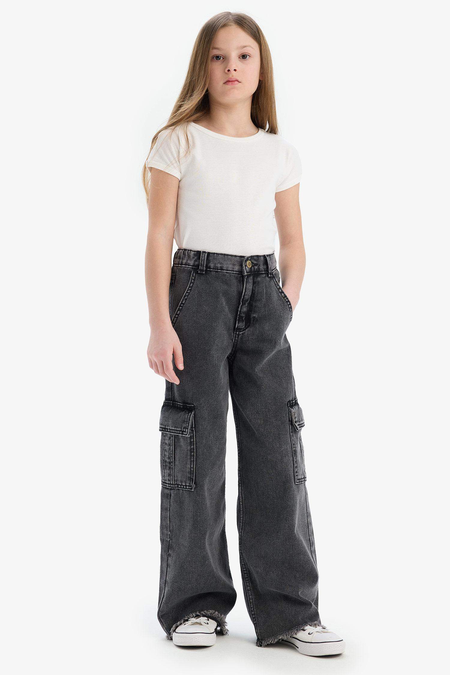 Kız Çocuk Wide Leg Kargo Geniş Bol Paça Pamuklu Jean Pantolon