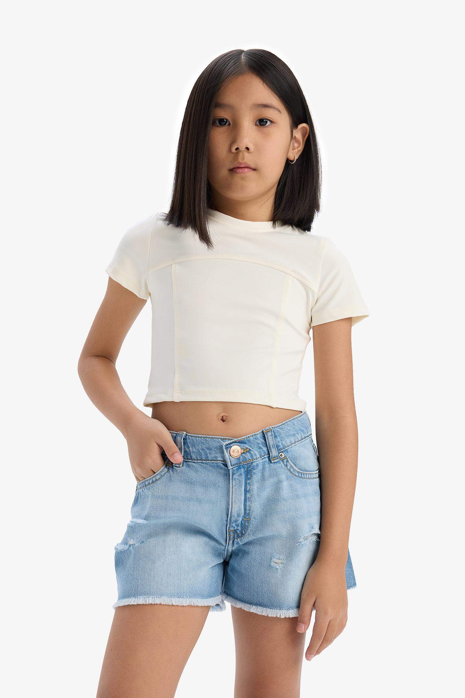 Girl Cotton with Ripped Details Denim Shorts