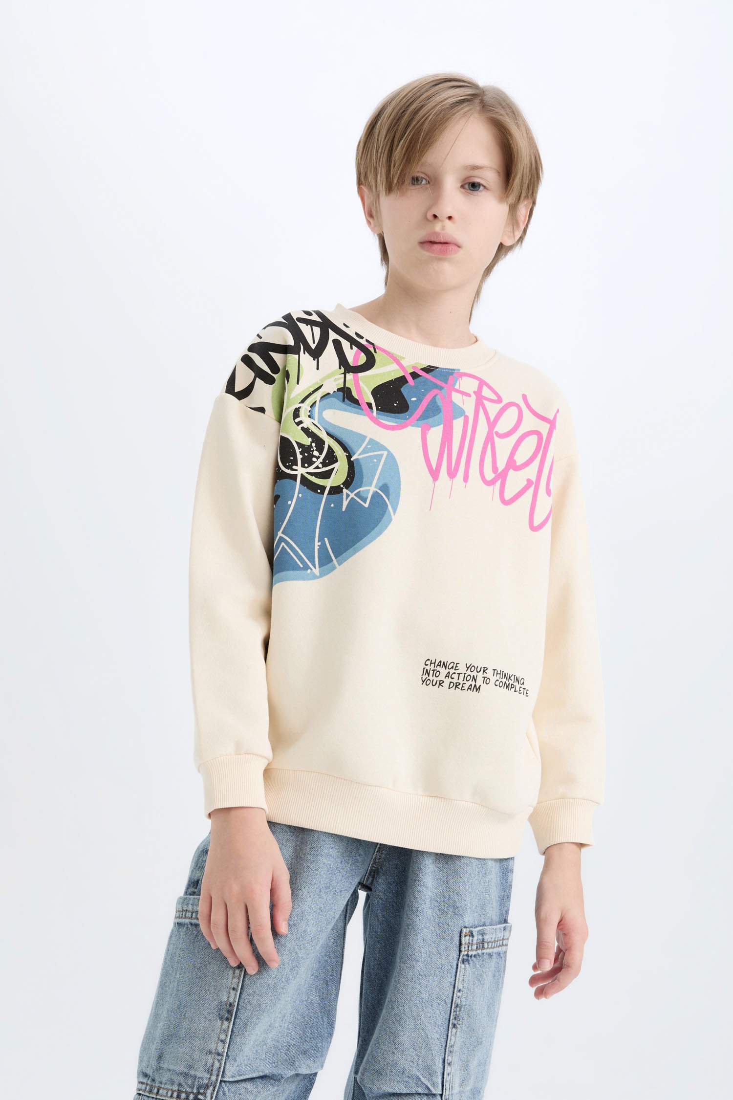 Erkek Çocuk Oversize Geniş Kalıp Bisiklet Yaka Baskılı Sweatshirt