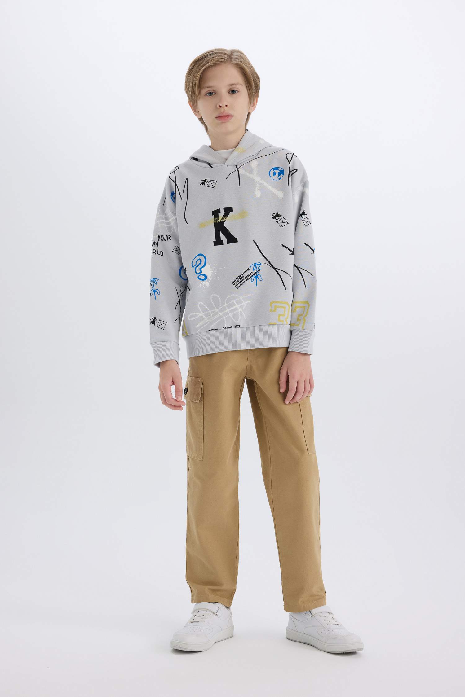 Boy Oversize Fit Pattern Hooded Patterned Thick Sweatshirt