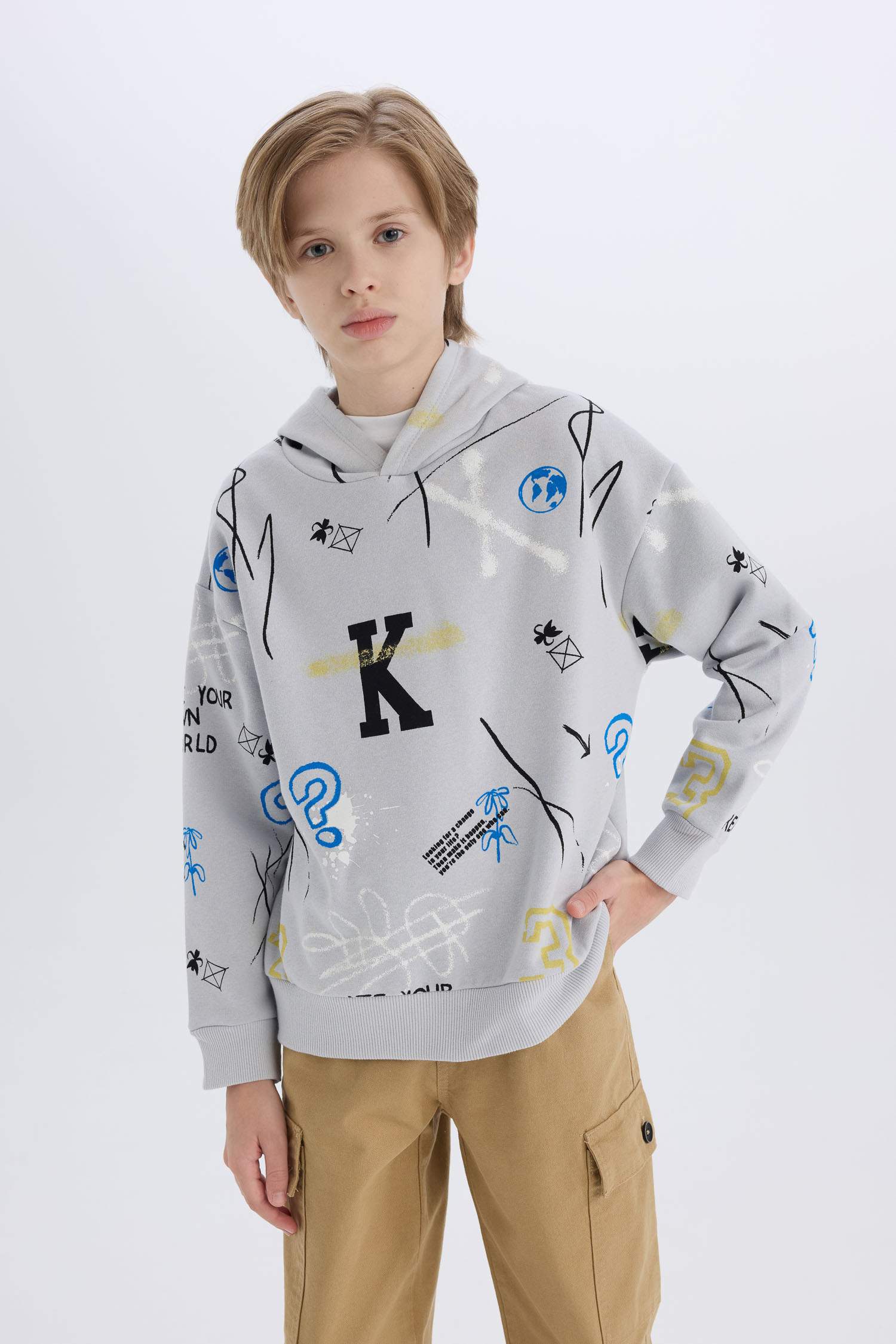 Boy Oversize Fit Pattern Hooded Patterned Thick Sweatshirt