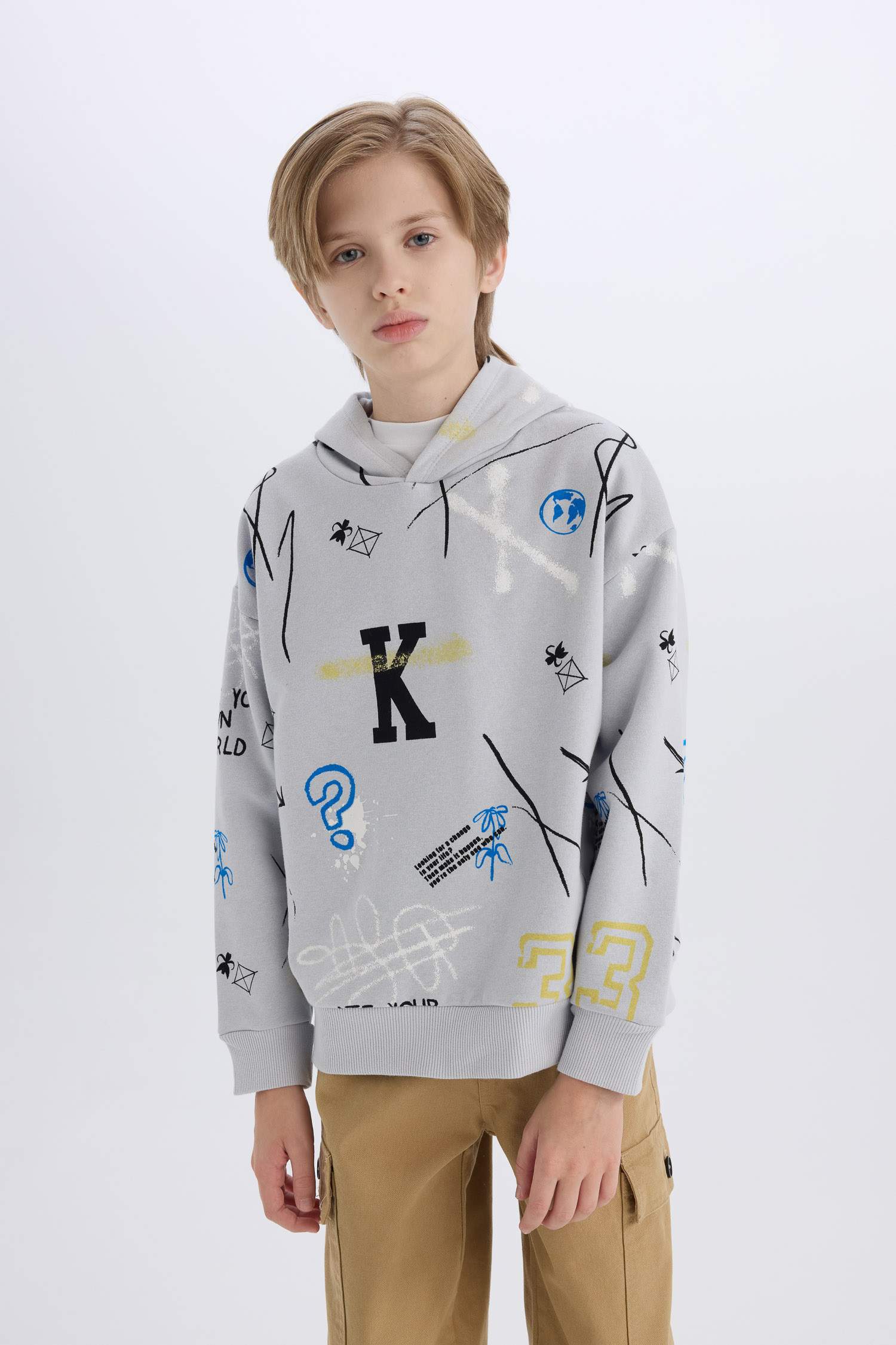 Boy Oversize Fit Pattern Hooded Patterned Thick Sweatshirt