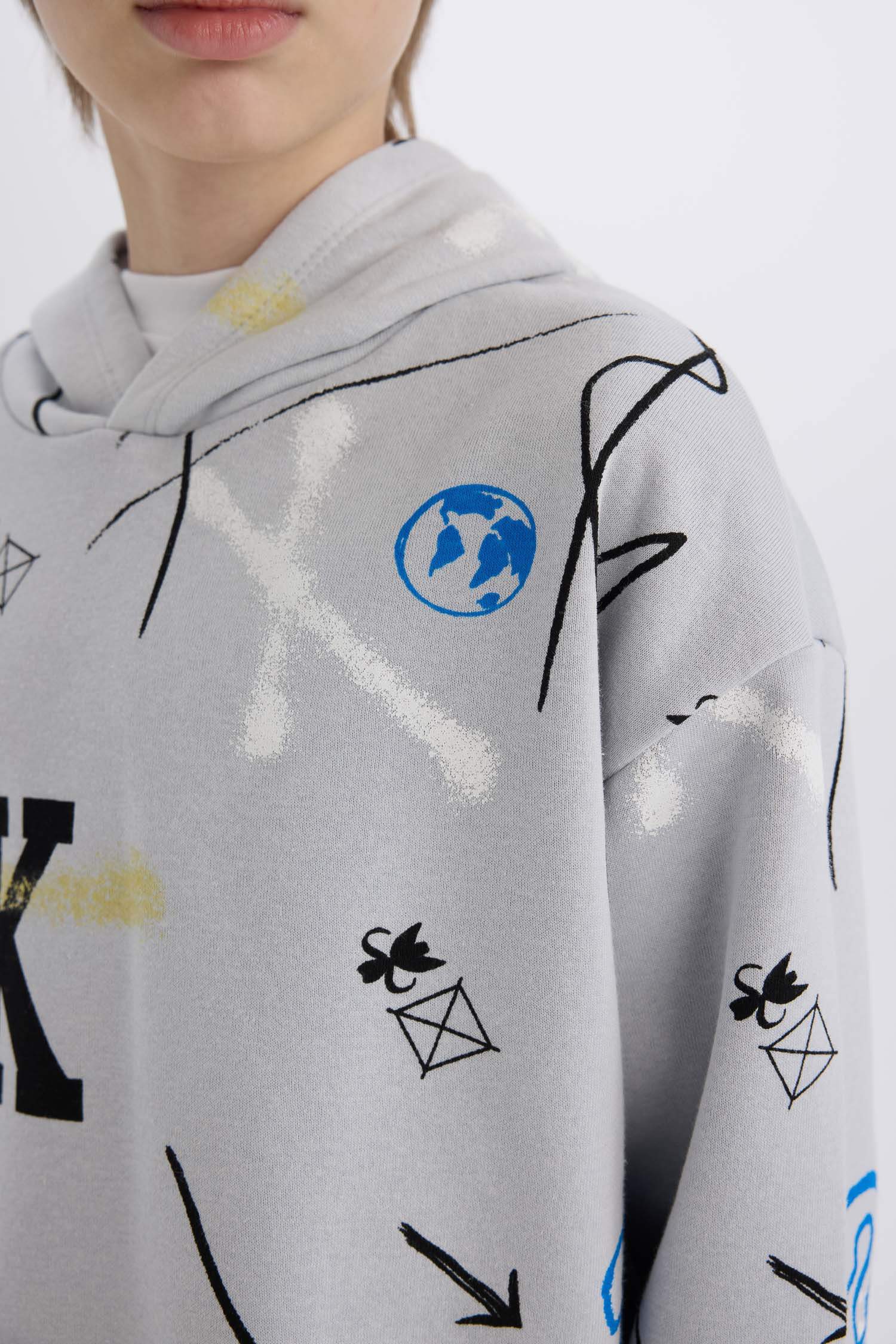 Boy Oversize Fit Pattern Hooded Patterned Thick Sweatshirt