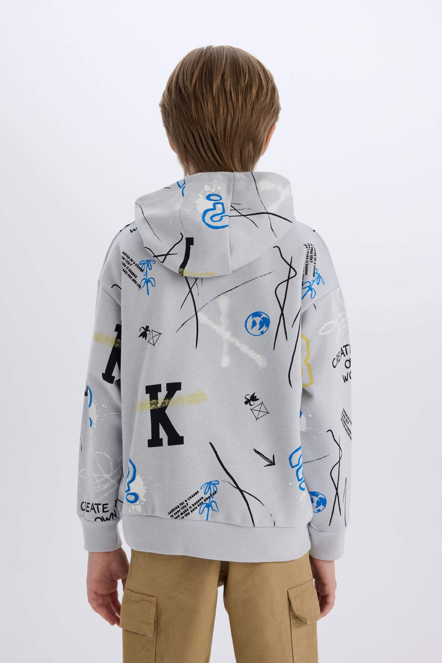 Boy Oversize Fit Pattern Hooded Patterned Thick Sweatshirt