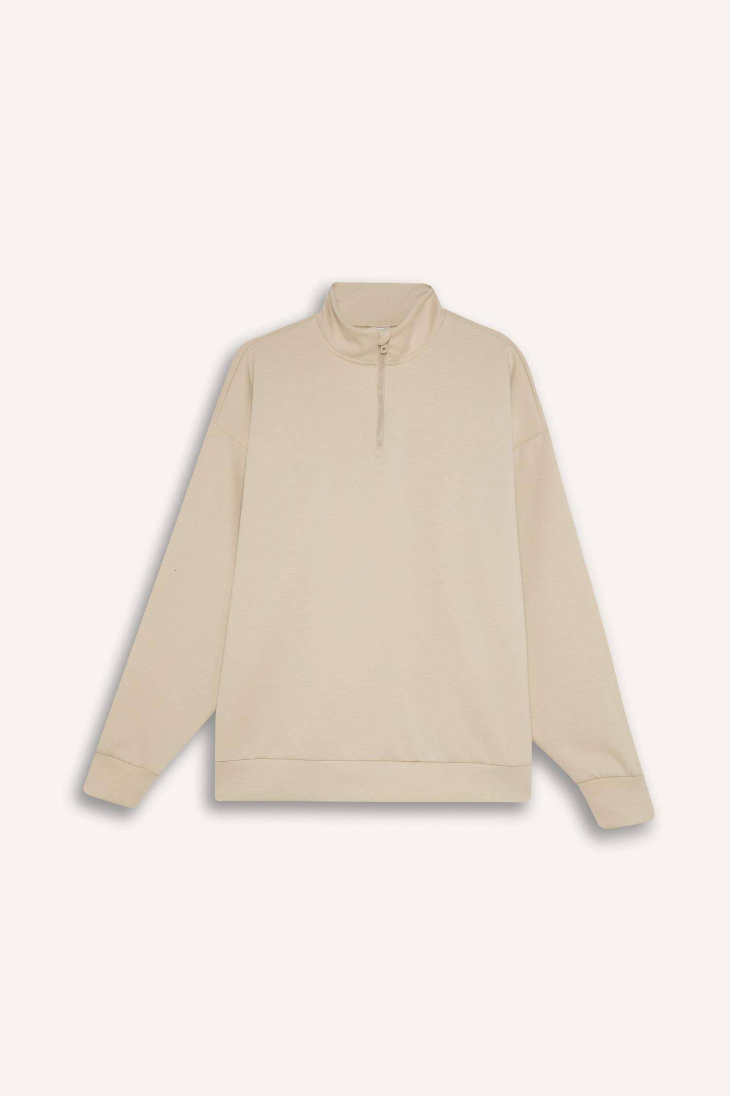 Standart Fit Yarım Fermuarlı Skuba Dalgıç Kumaş Sporcu Sweatshirt