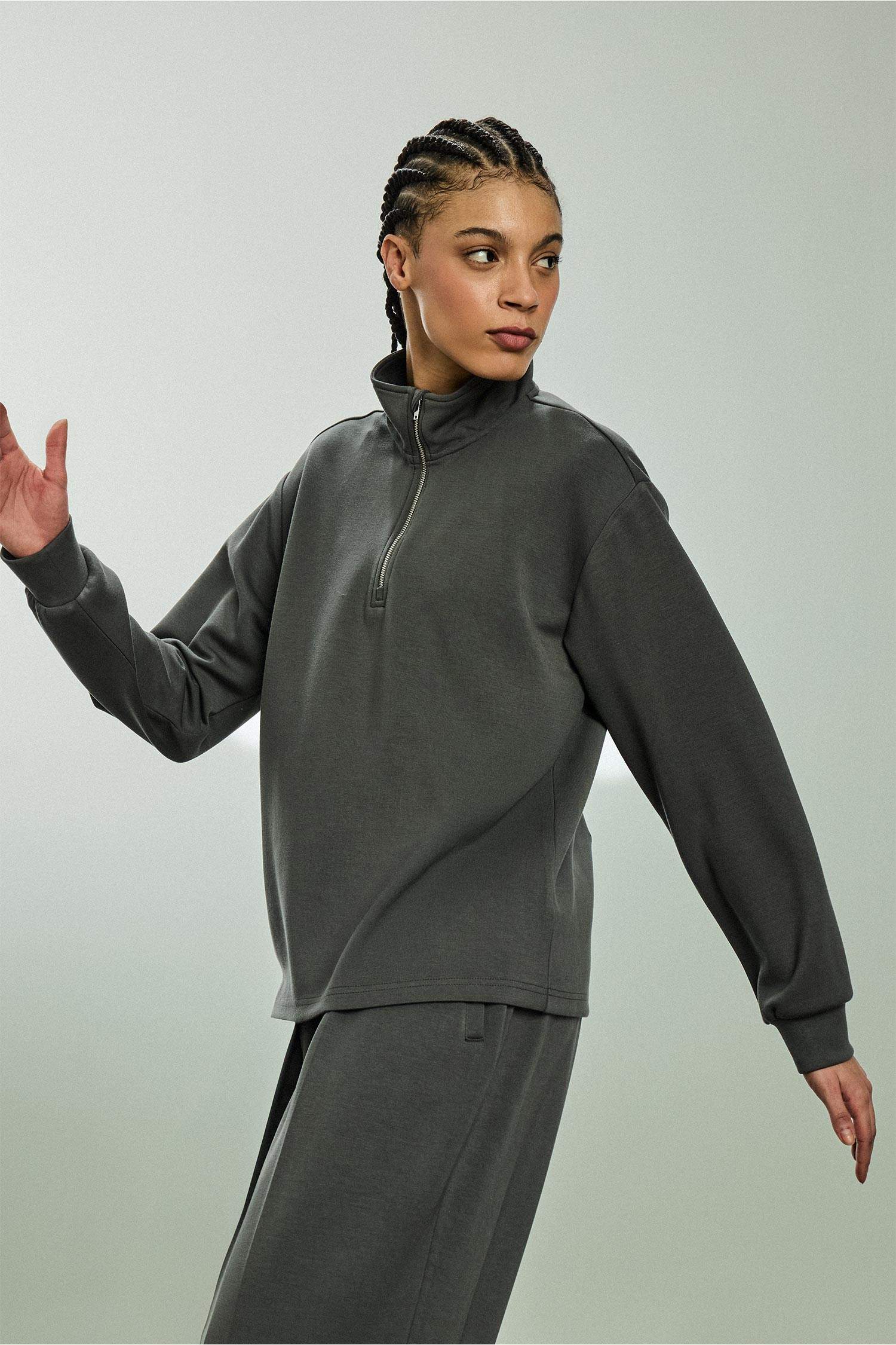 Oversize Fermuarlı Modal Sweatshirt