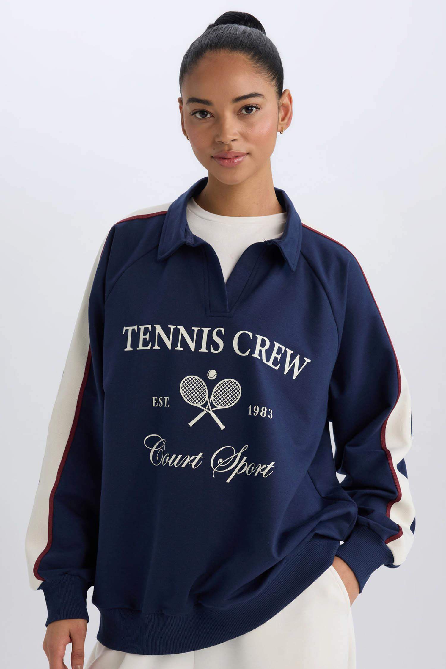 Oversize Geniş Kalıp Polo Yaka Baskılı Sporcu Sweatshirt