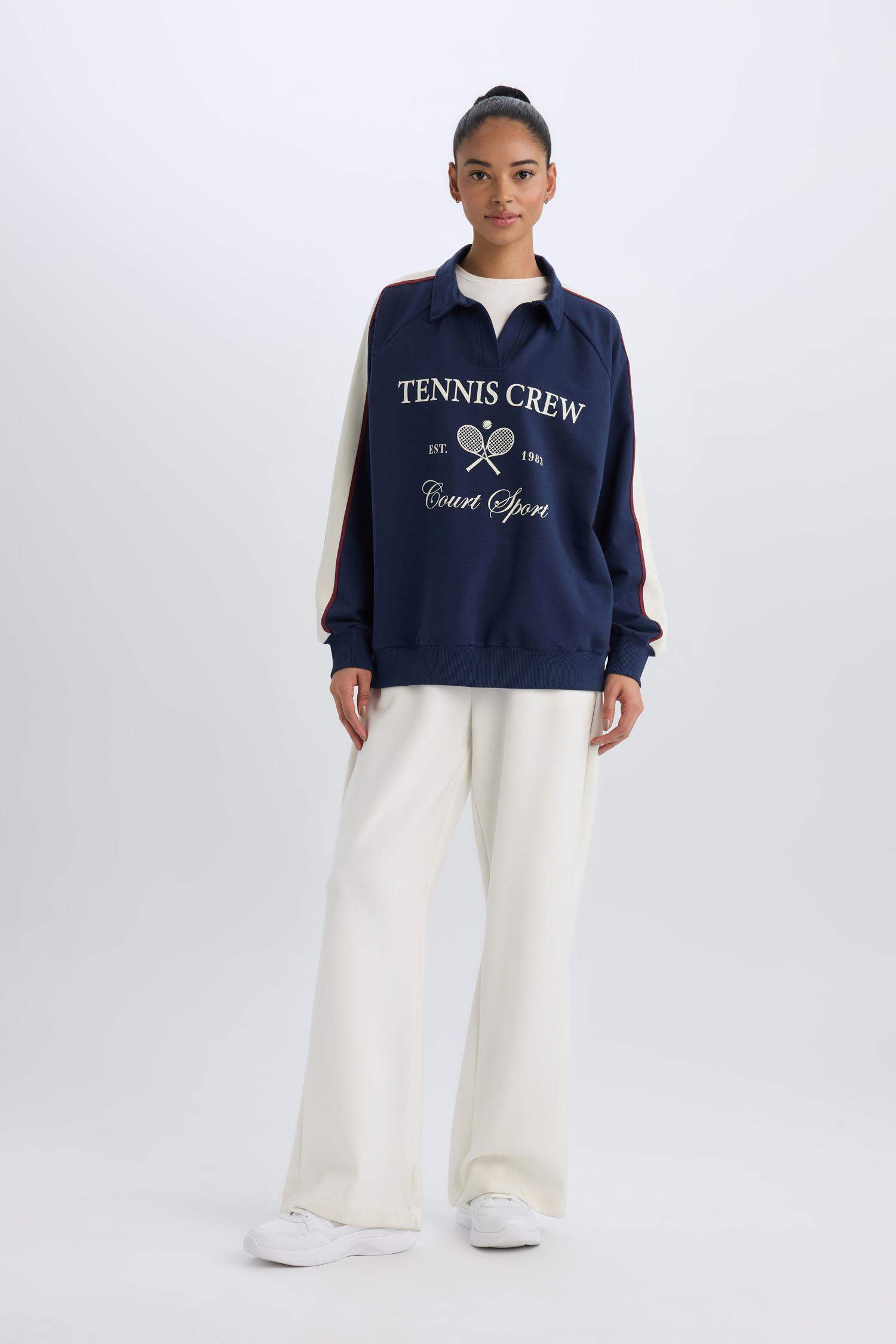 Oversize Geniş Kalıp Polo Yaka Baskılı Sporcu Sweatshirt