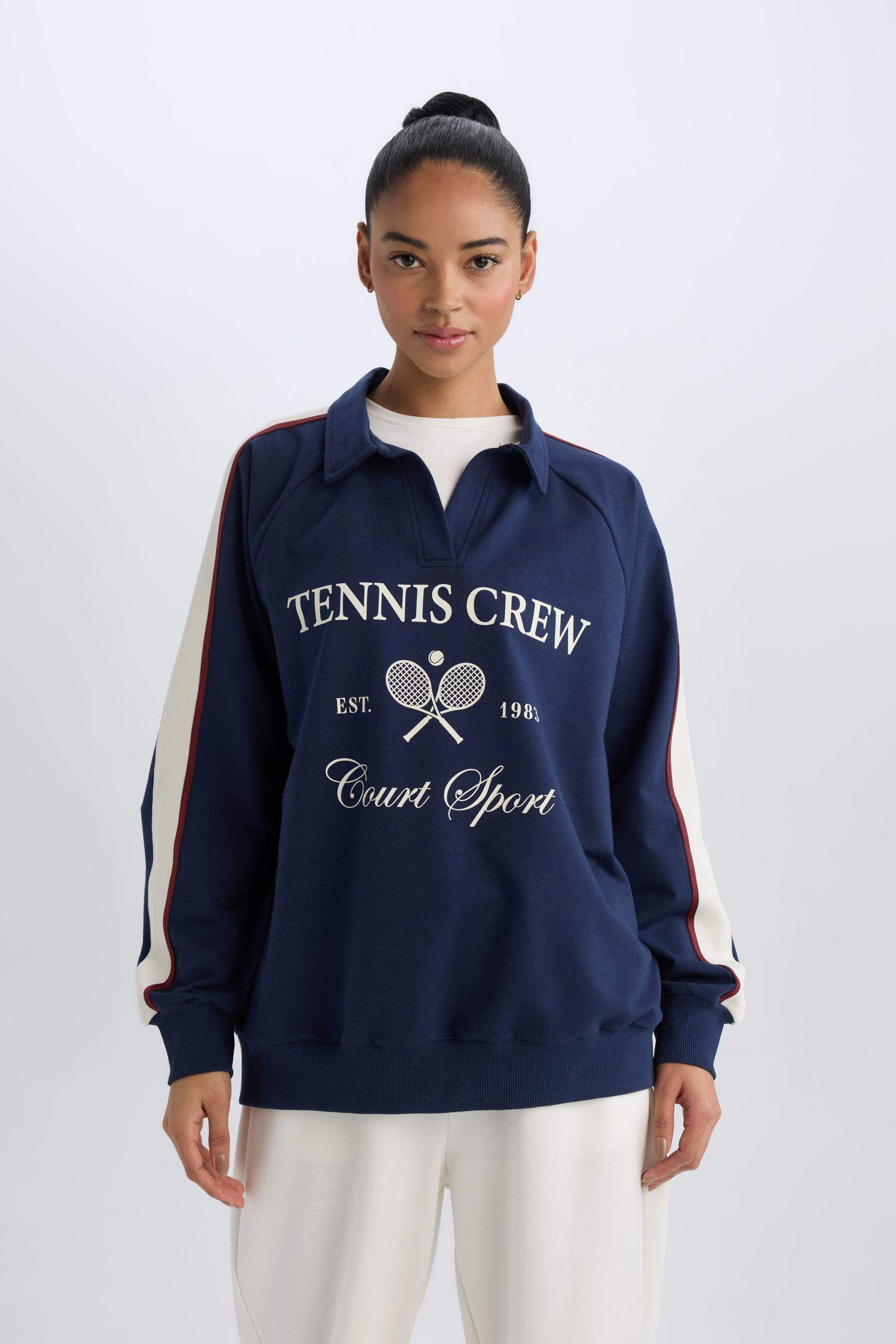 Oversize Geniş Kalıp Polo Yaka Baskılı Sporcu Sweatshirt