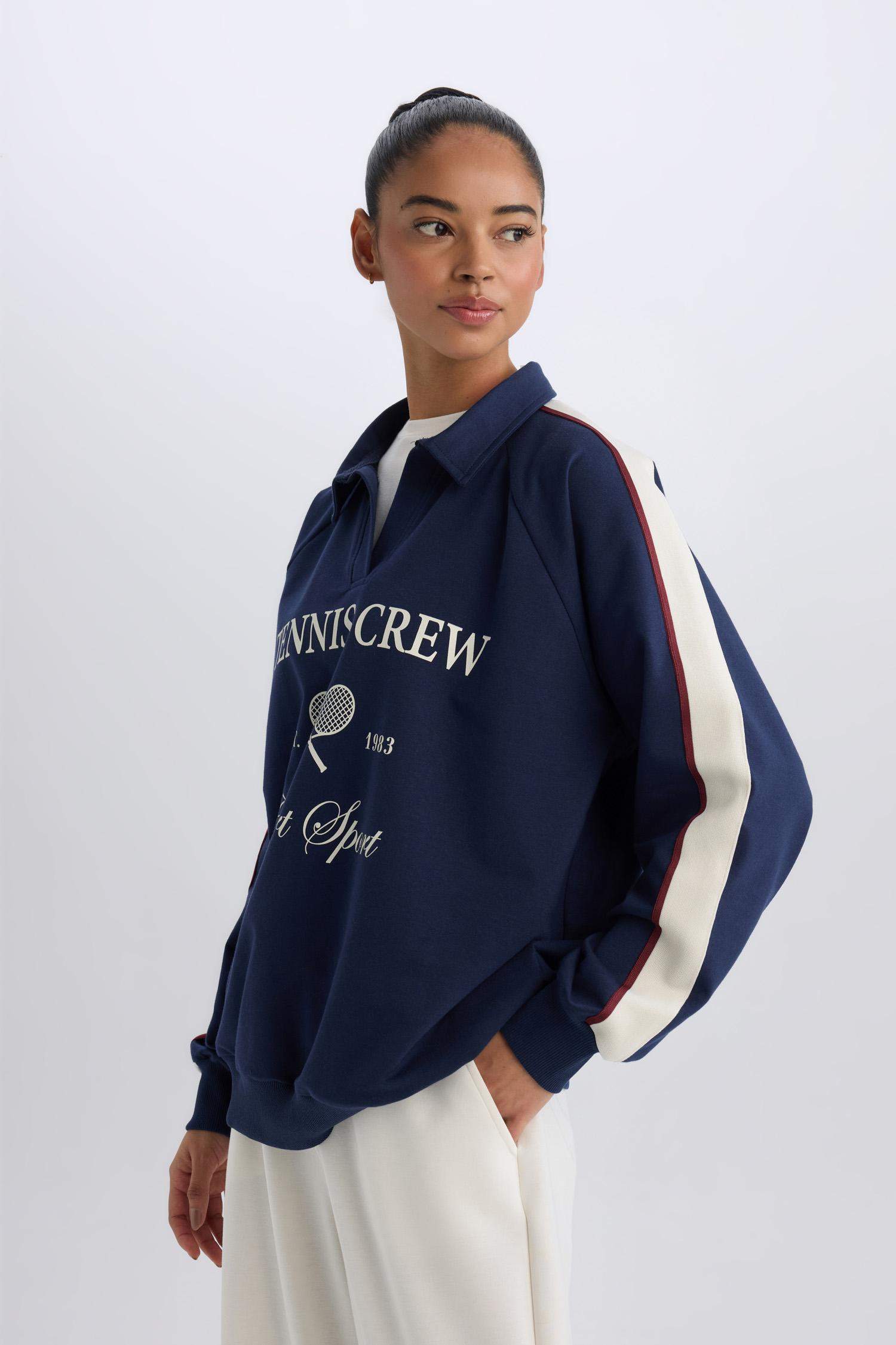 Oversize Geniş Kalıp Polo Yaka Baskılı Sporcu Sweatshirt