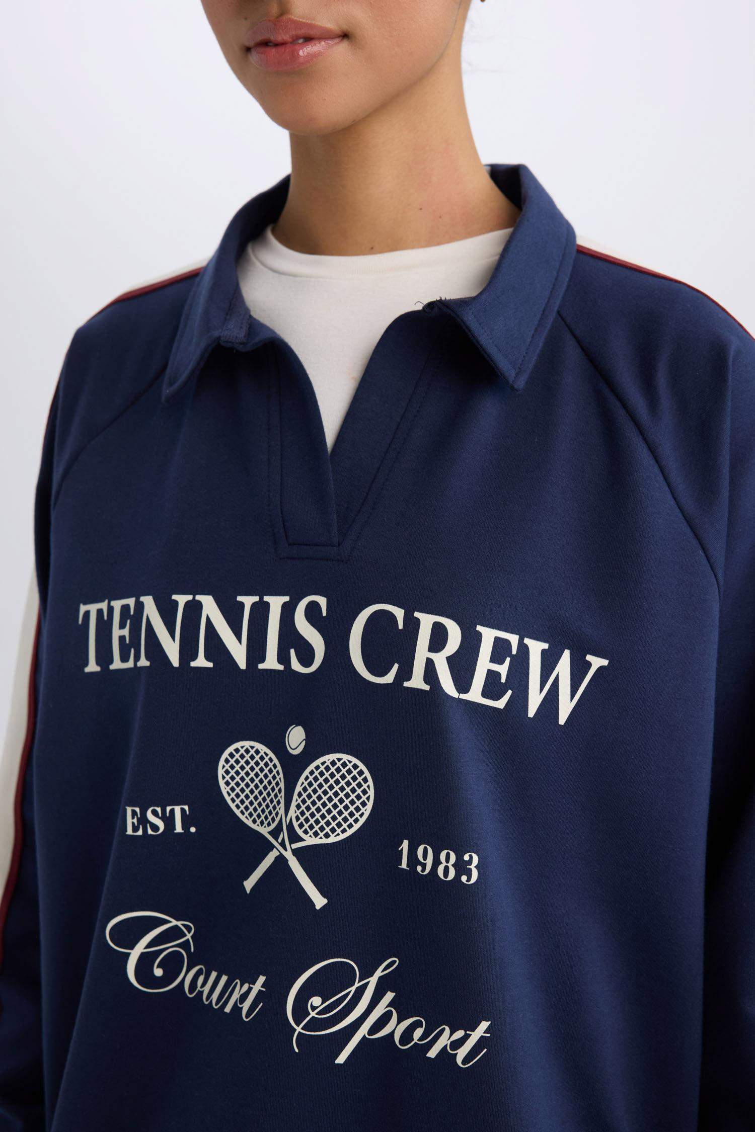 Oversize Geniş Kalıp Polo Yaka Baskılı Sporcu Sweatshirt