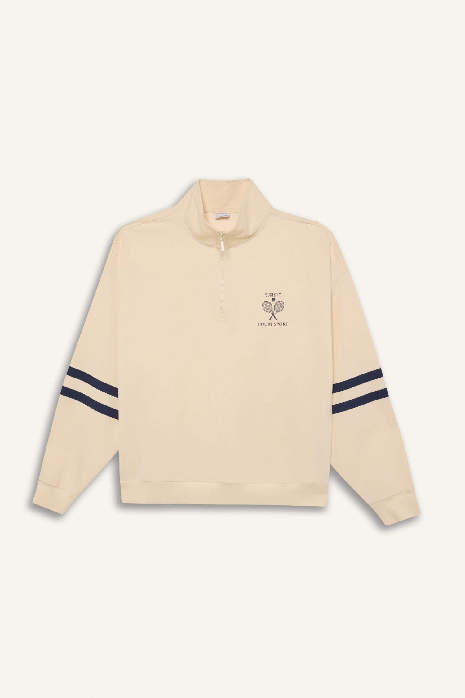 Oversize Geniş Kalıp Yarım Fermuarlı Baskılı Sporcu Sweatshirt