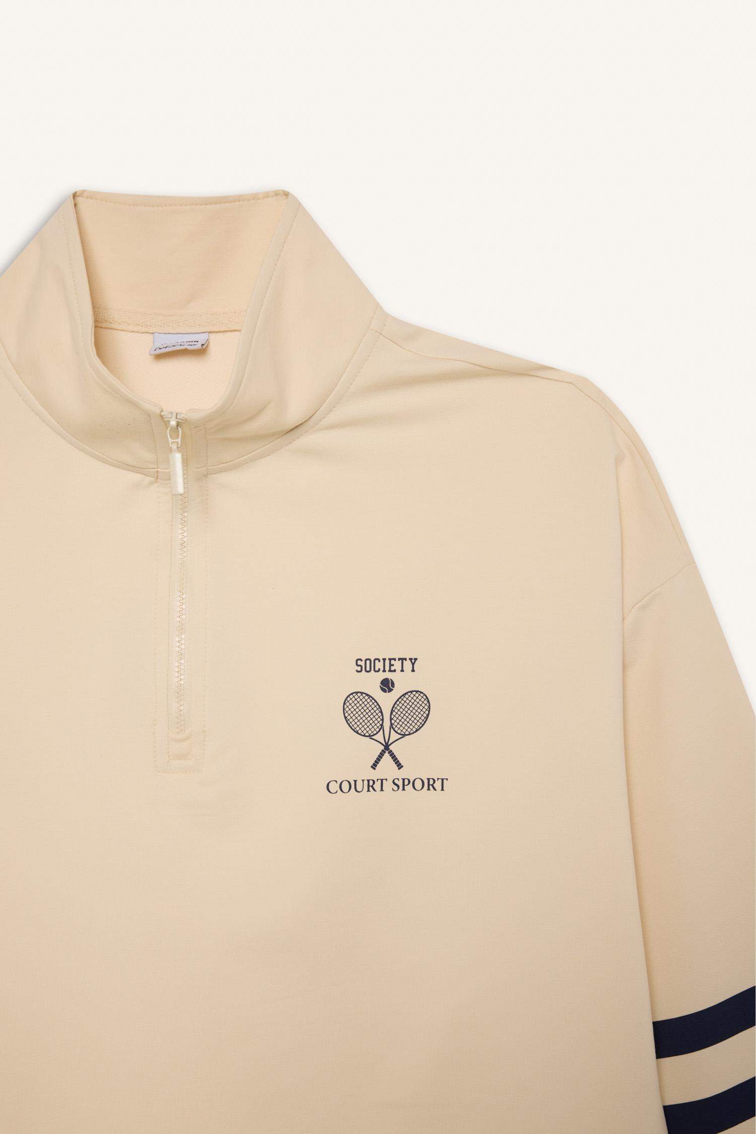 Oversize Geniş Kalıp Yarım Fermuarlı Baskılı Sporcu Sweatshirt