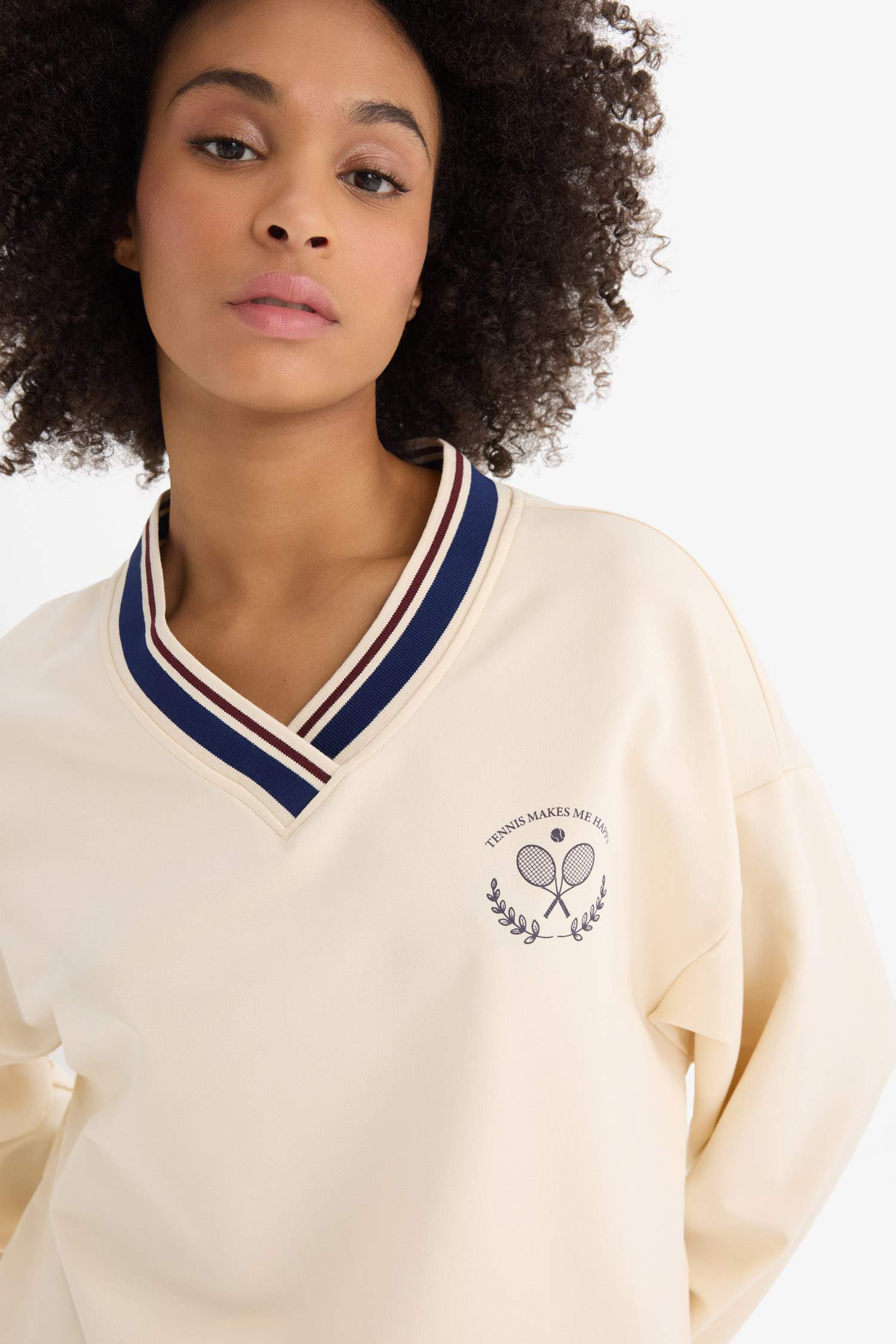 DeFactoFit Oversize Geniş Kalıp V Yaka Baskılı Sporcu Sweatshirt