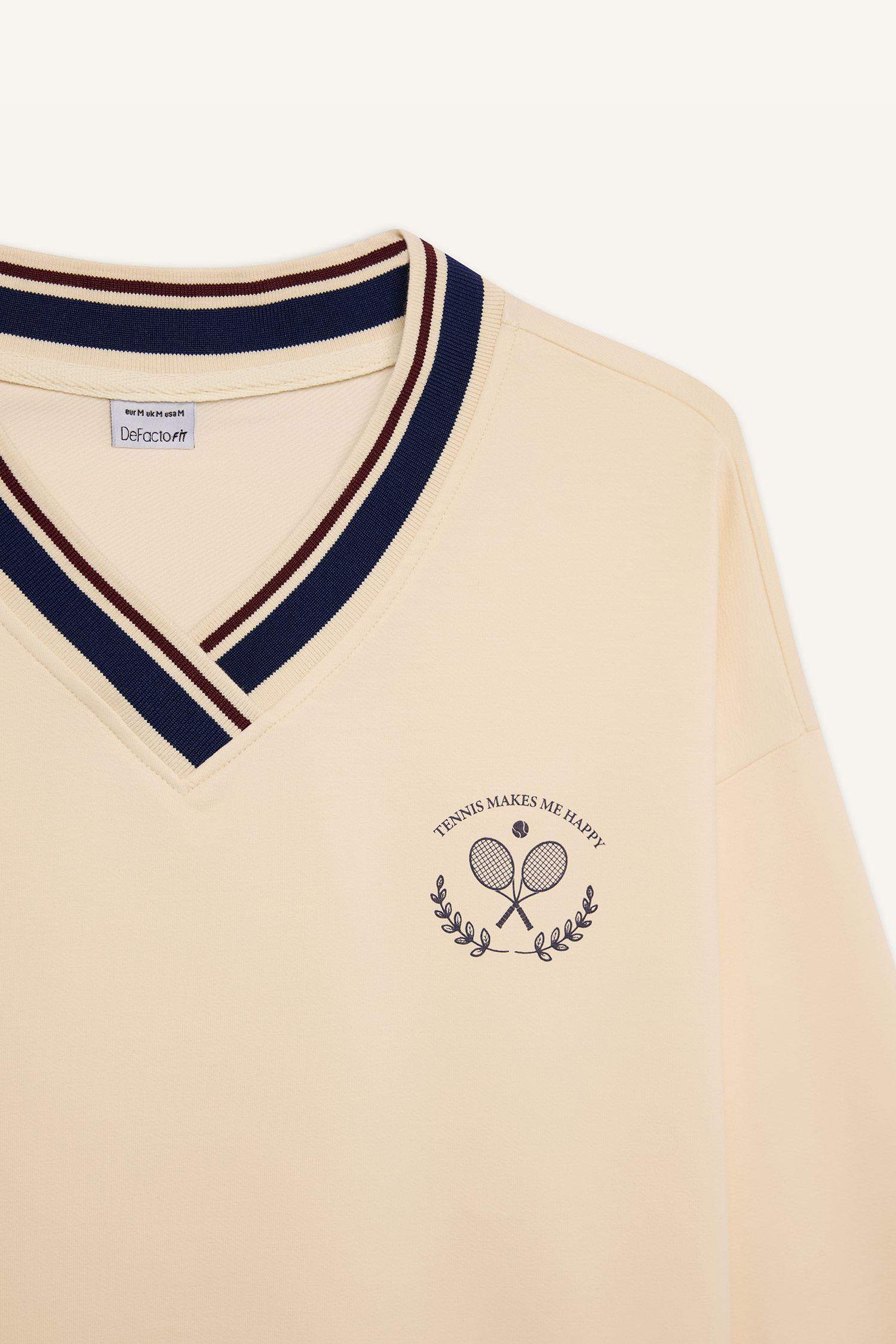 DeFactoFit Oversize Geniş Kalıp V Yaka Baskılı Sporcu Sweatshirt