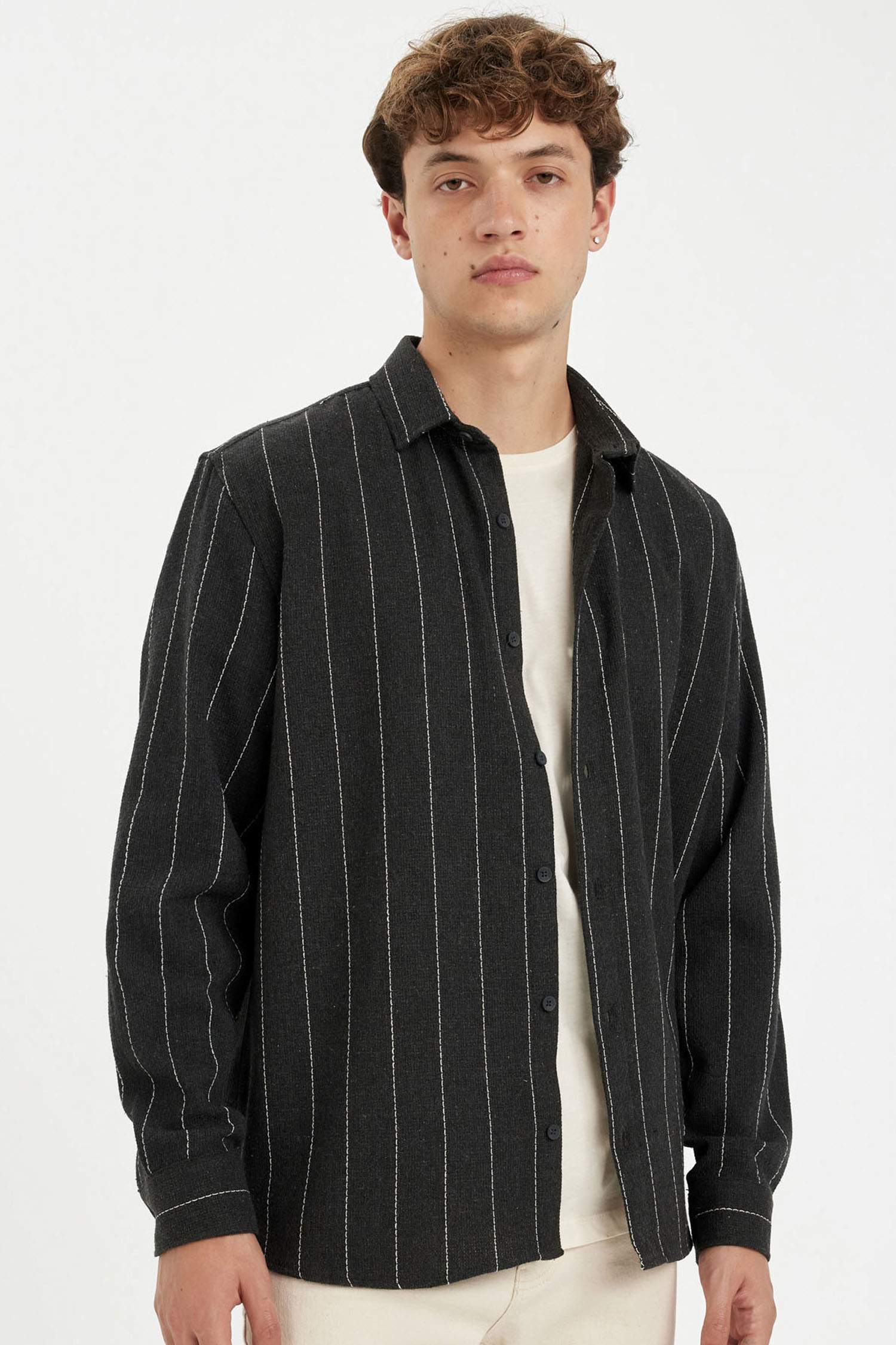 Relax Fit Polo Neck Striped Cotton Blend Long Sleeve Shirt