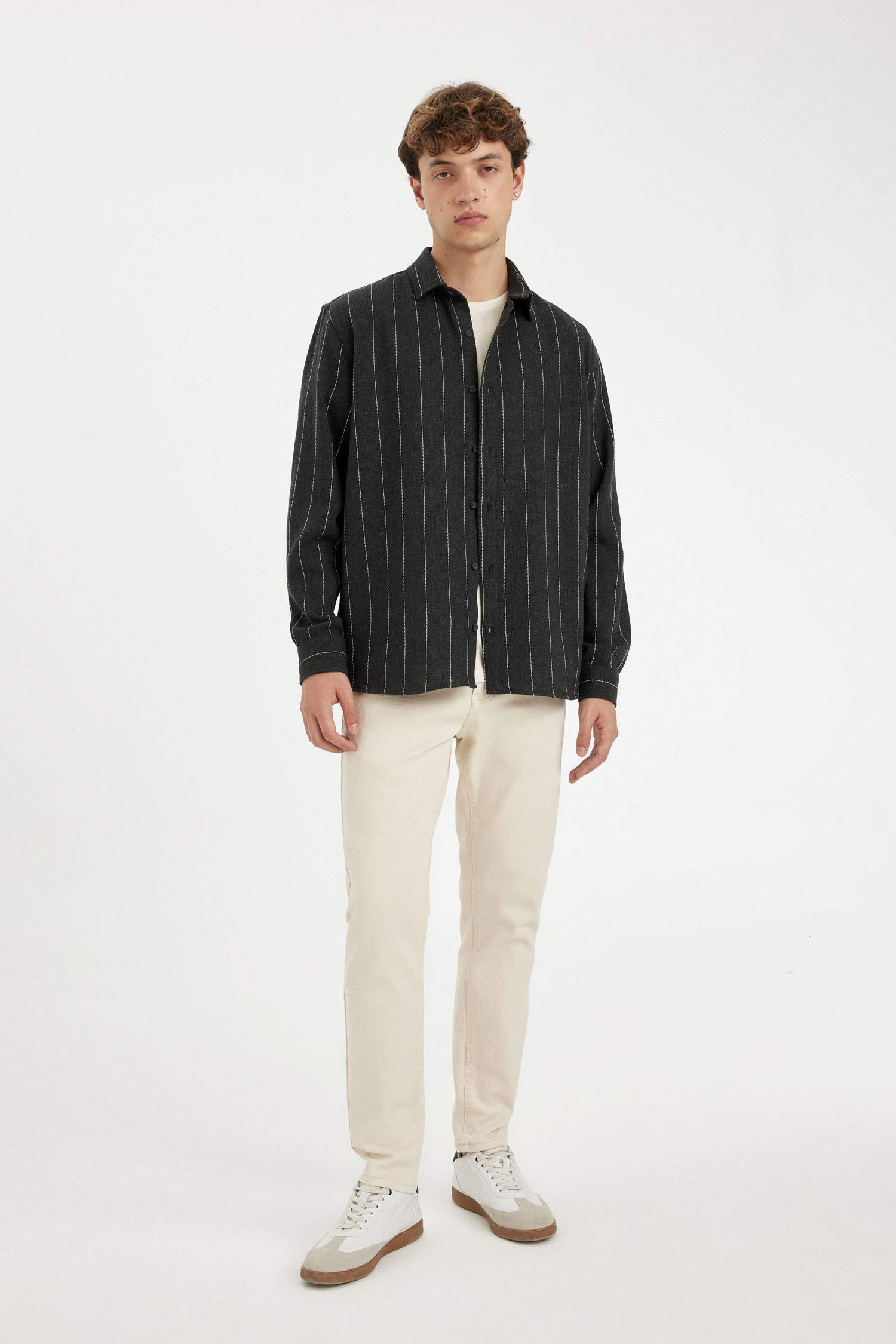 Relax Fit Polo Neck Striped Cotton Blend Long Sleeve Shirt