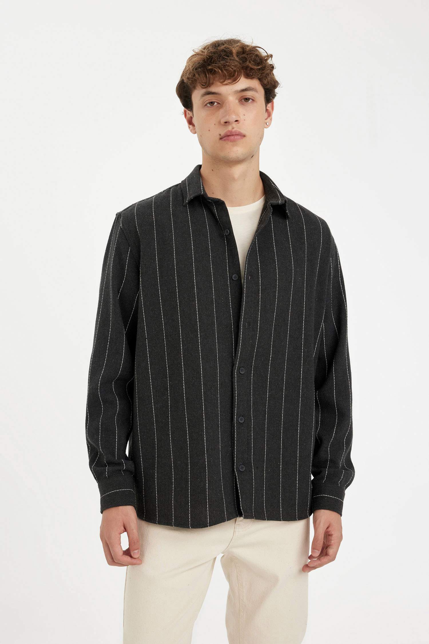 Relax Fit Polo Neck Striped Cotton Blend Long Sleeve Shirt