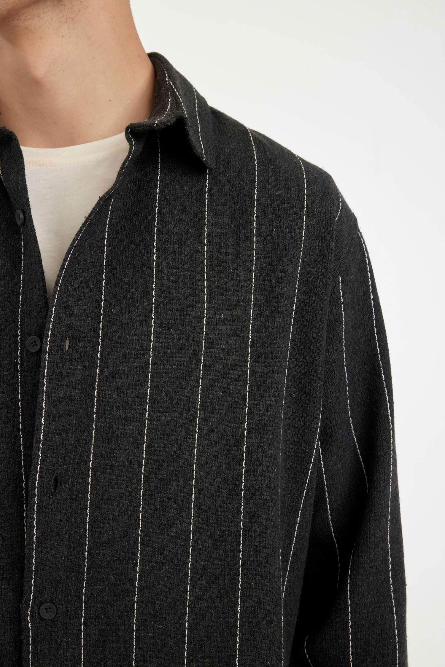 Relax Fit Polo Neck Striped Cotton Blend Long Sleeve Shirt