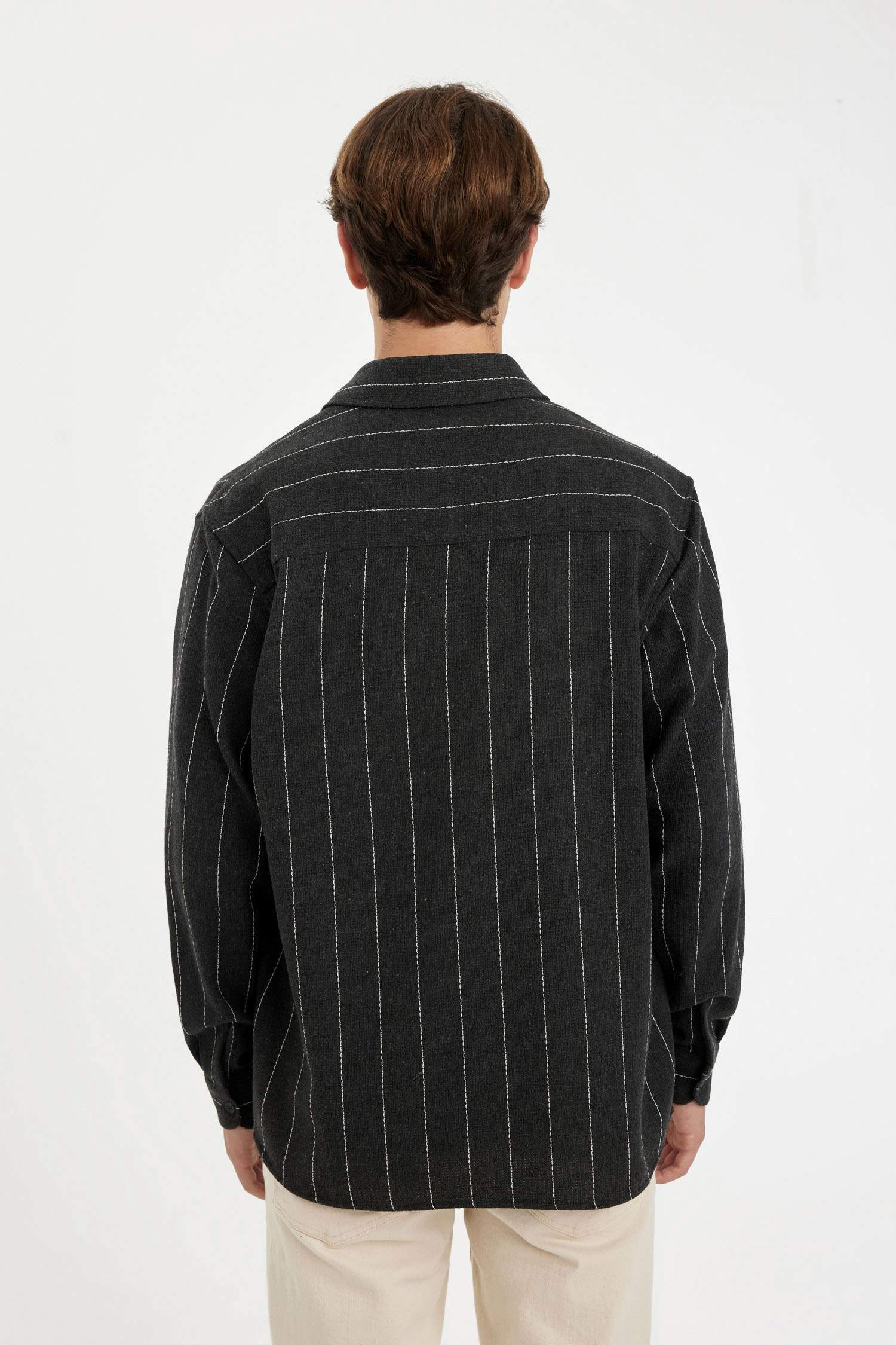 Relax Fit Polo Neck Striped Cotton Blend Long Sleeve Shirt