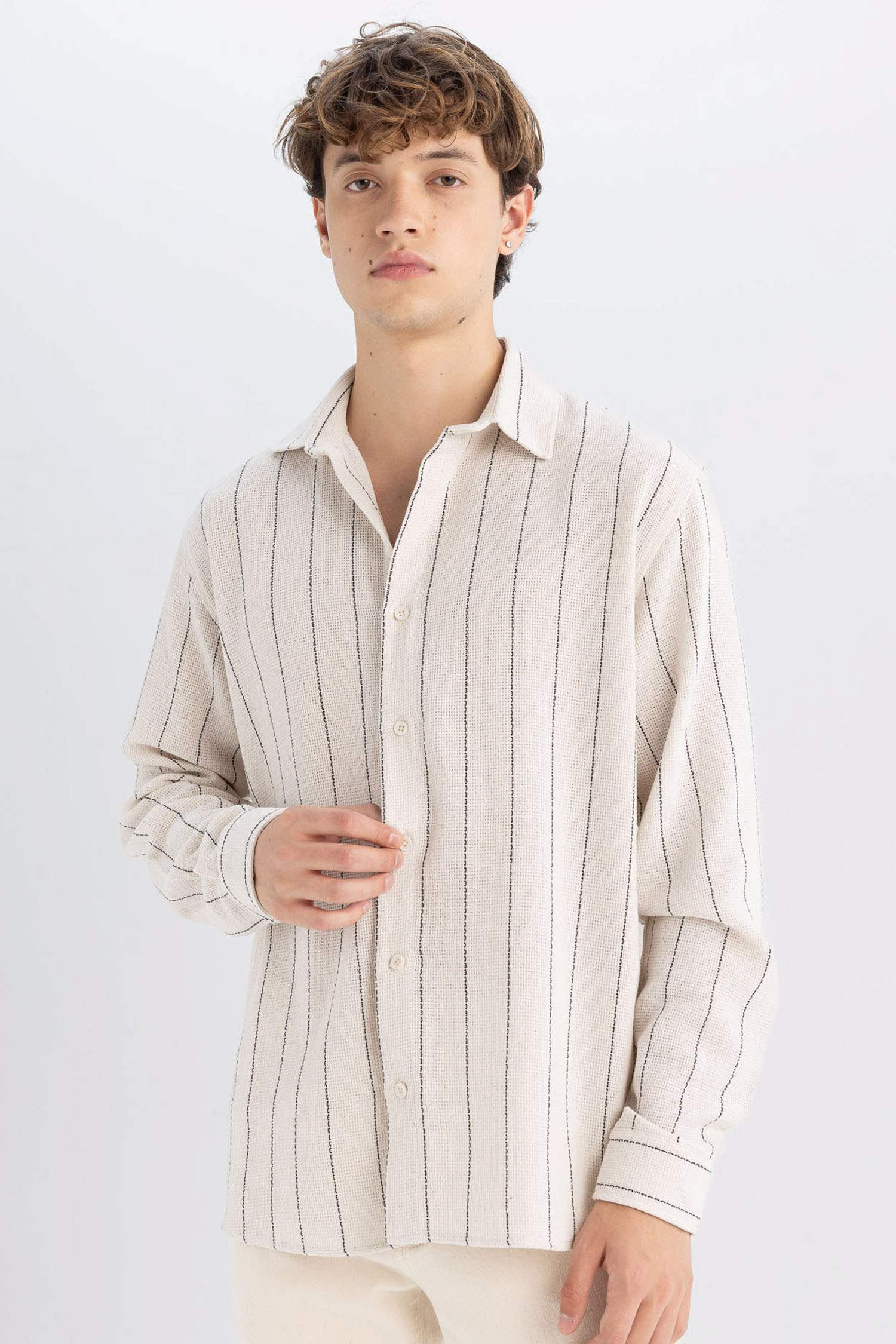 Relax Fit Çizgili Pamuk Karışımlı Uzun Kollu Gömlek