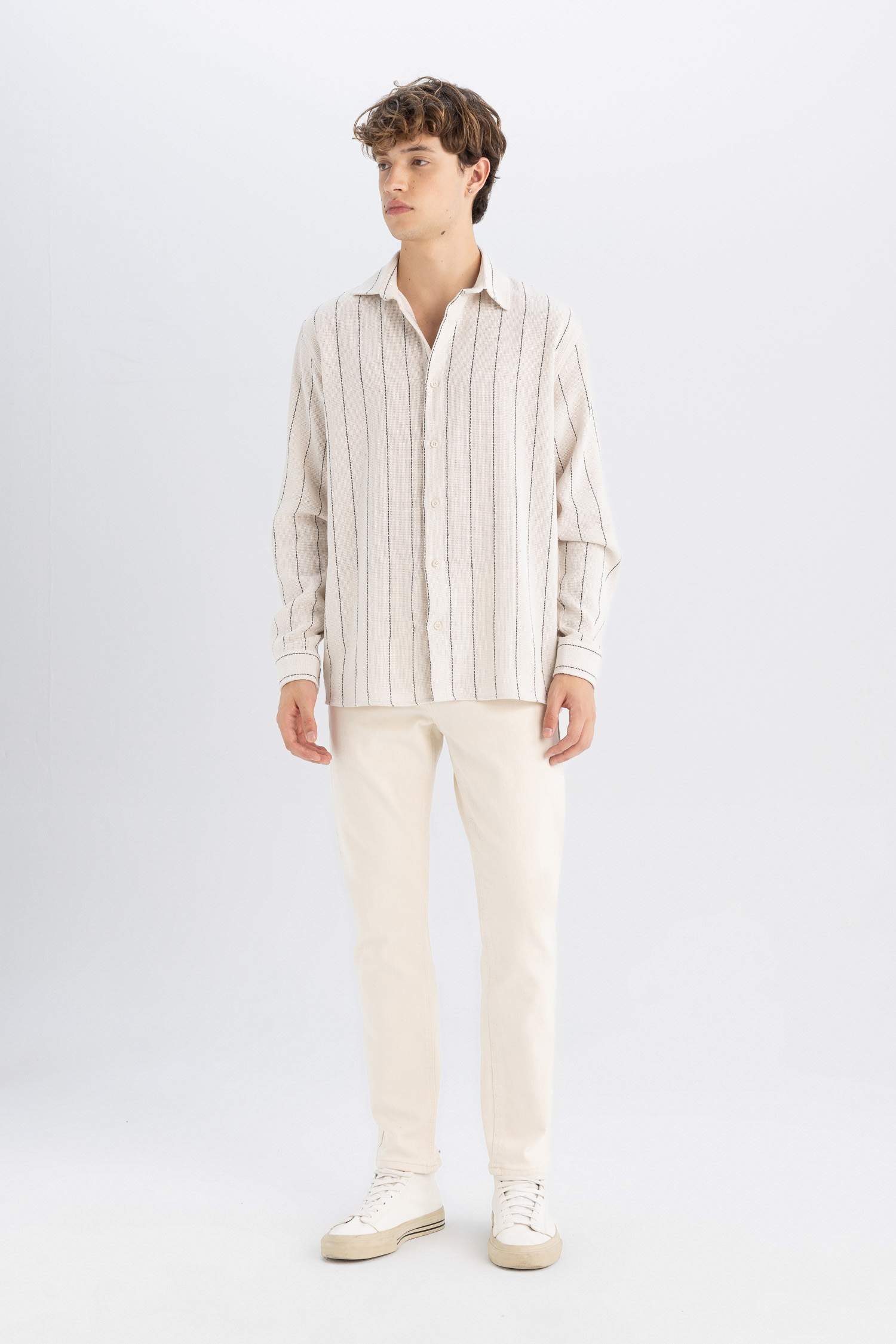 Relax Fit Çizgili Pamuk Karışımlı Uzun Kollu Gömlek