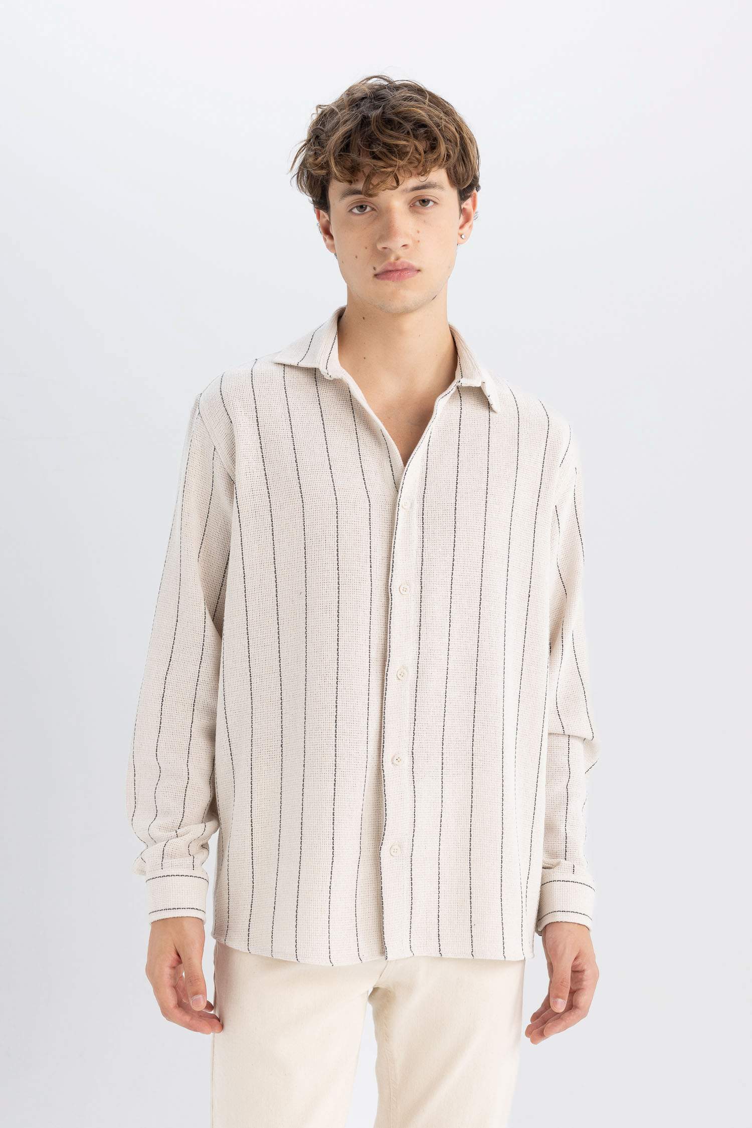 Relax Fit Çizgili Pamuk Karışımlı Uzun Kollu Gömlek