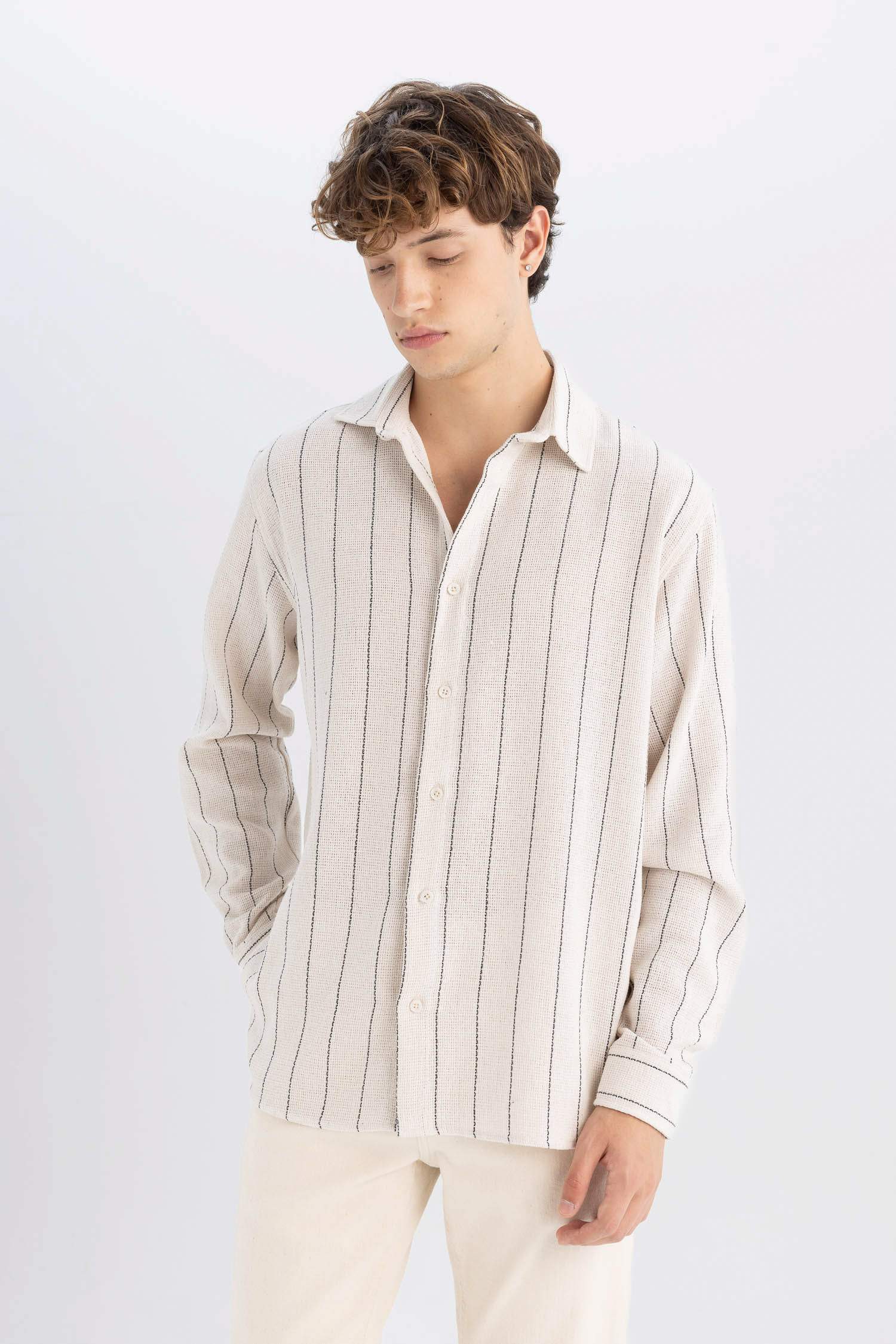 Relax Fit Çizgili Pamuk Karışımlı Uzun Kollu Gömlek