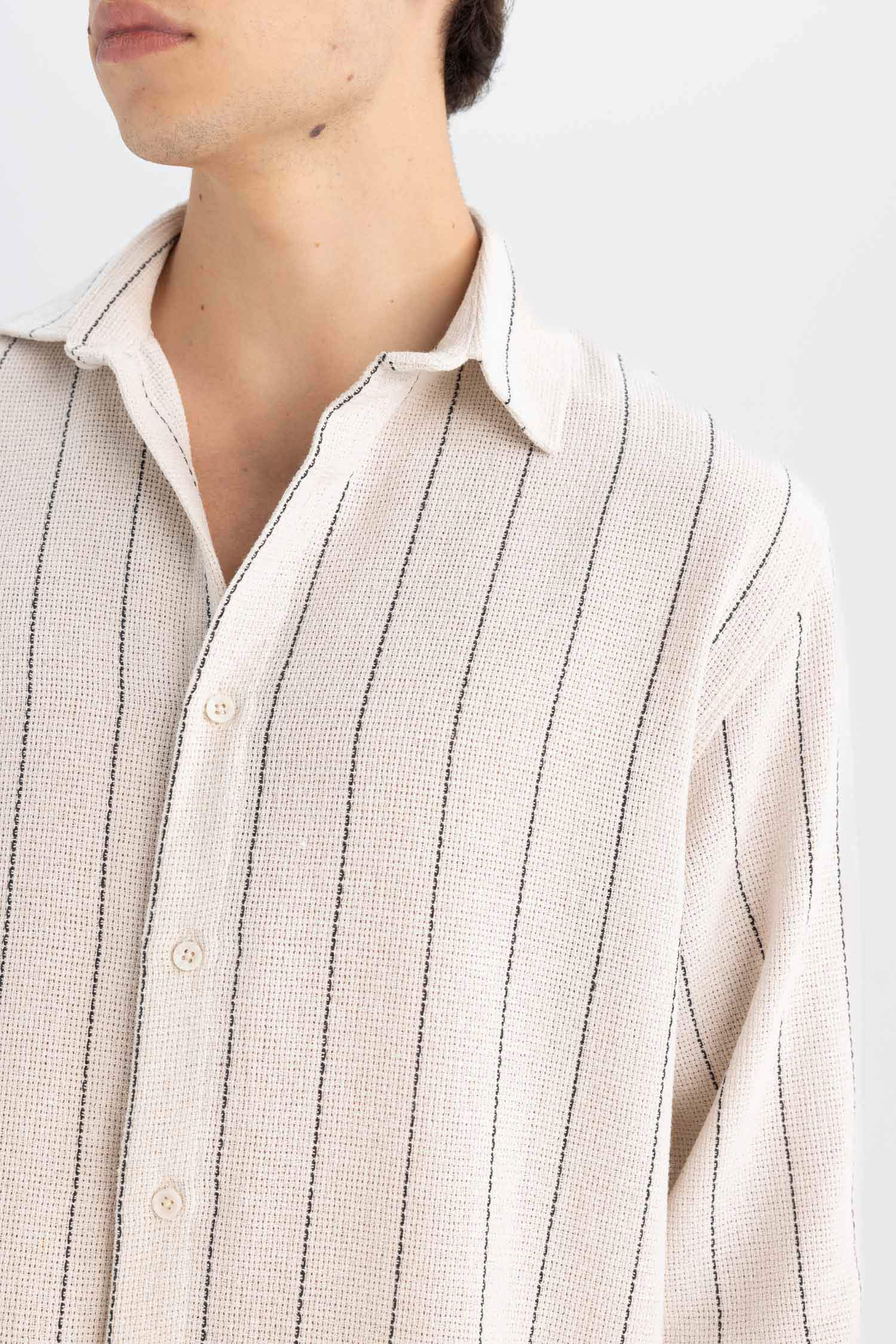 Relax Fit Çizgili Pamuk Karışımlı Uzun Kollu Gömlek