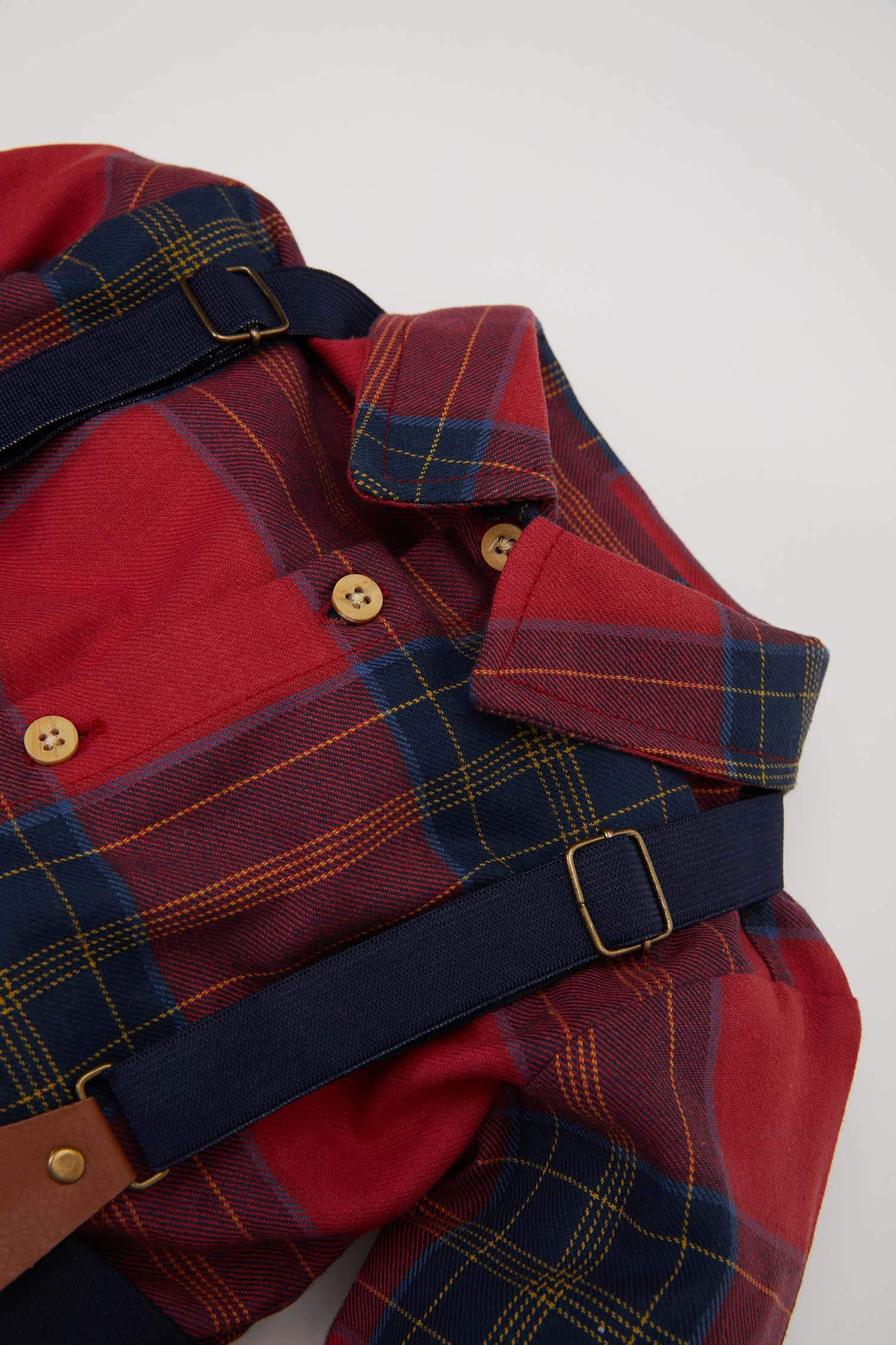 Erkek Bebek Dokuma Pijama Pijama Takımı Kareli Uzun Kollu Üst Beli Lastikli Uzun Alt